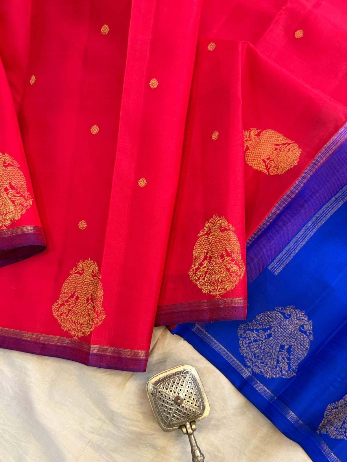 Chilli red border irutalaipakshi - pure Zari Kanjipuram silk