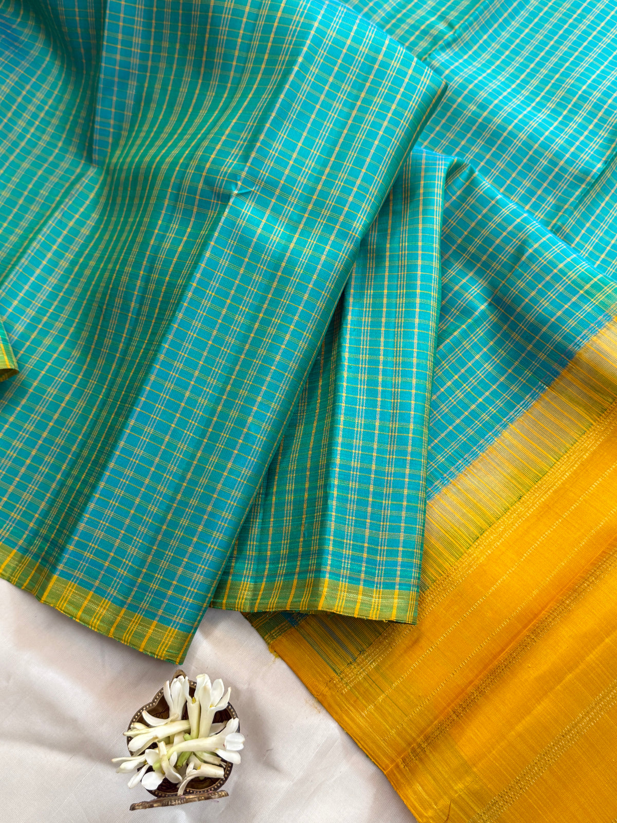 Green and mustard kattam borderless/ Kanjipuram silk CLSA10923