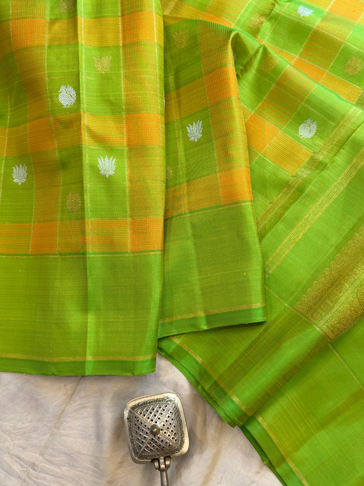 Lime green Chettinad Kattam - pure Zari Kanjipuram silk