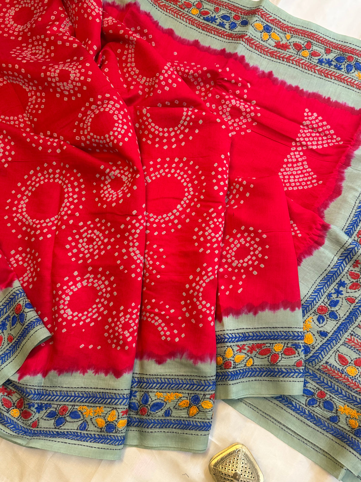 Red Bandhini with Kantha work in silk