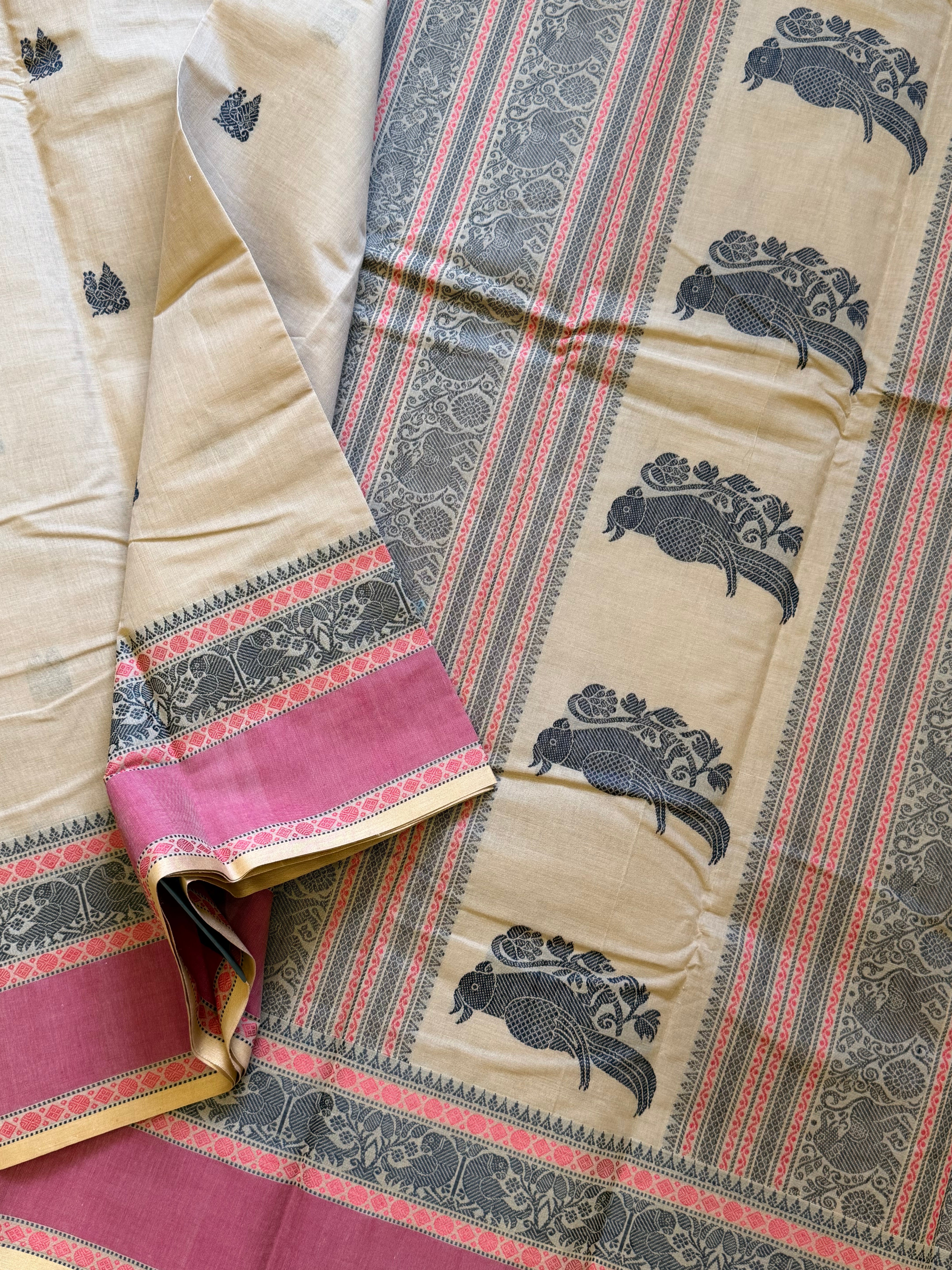 Cream off white Jodi peacock pet / Kanchi cotton