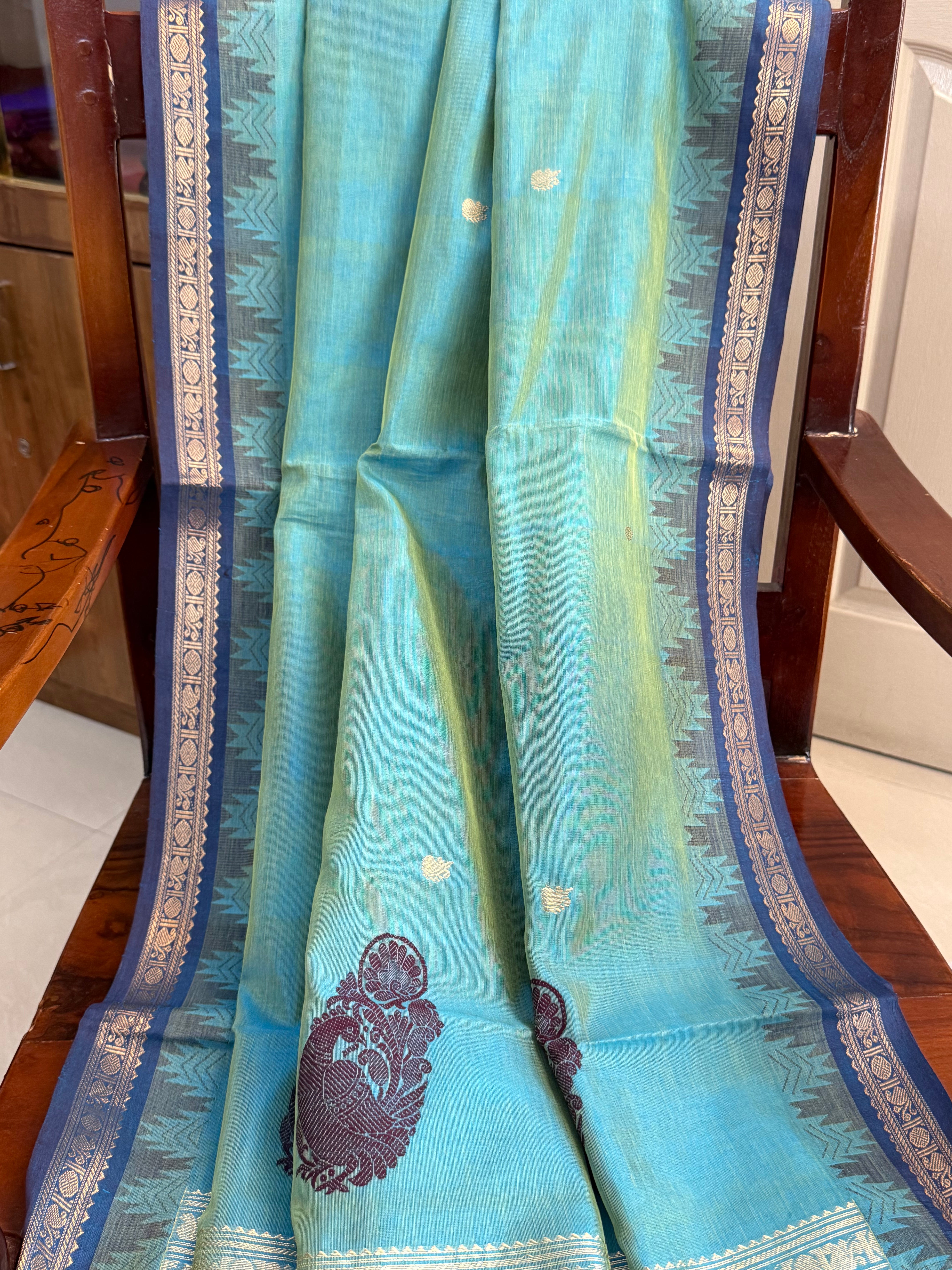Green shot yellow small border/ silk cotton