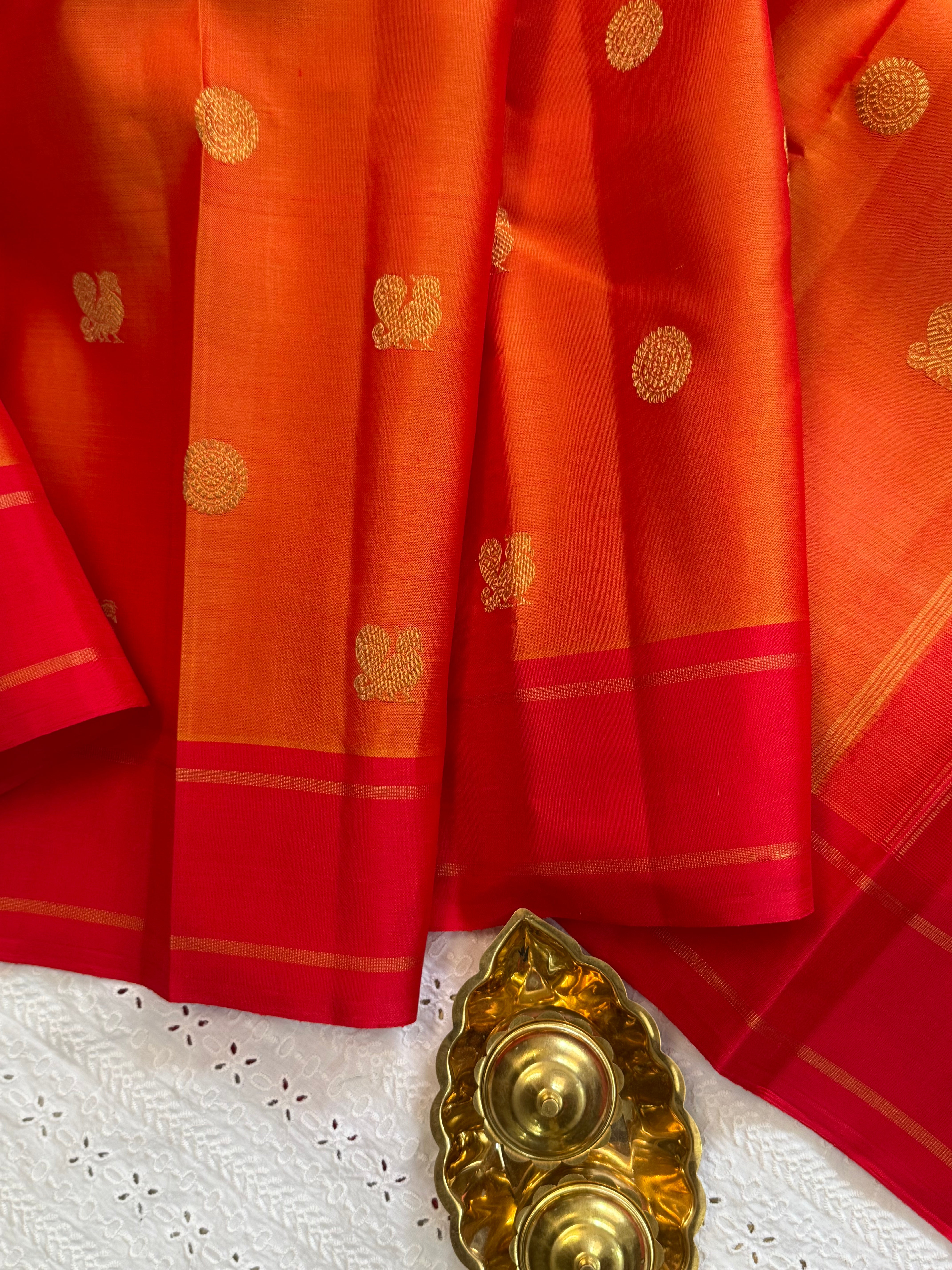 Simha and red annam and chakram butta/ Kanjipuram silk
