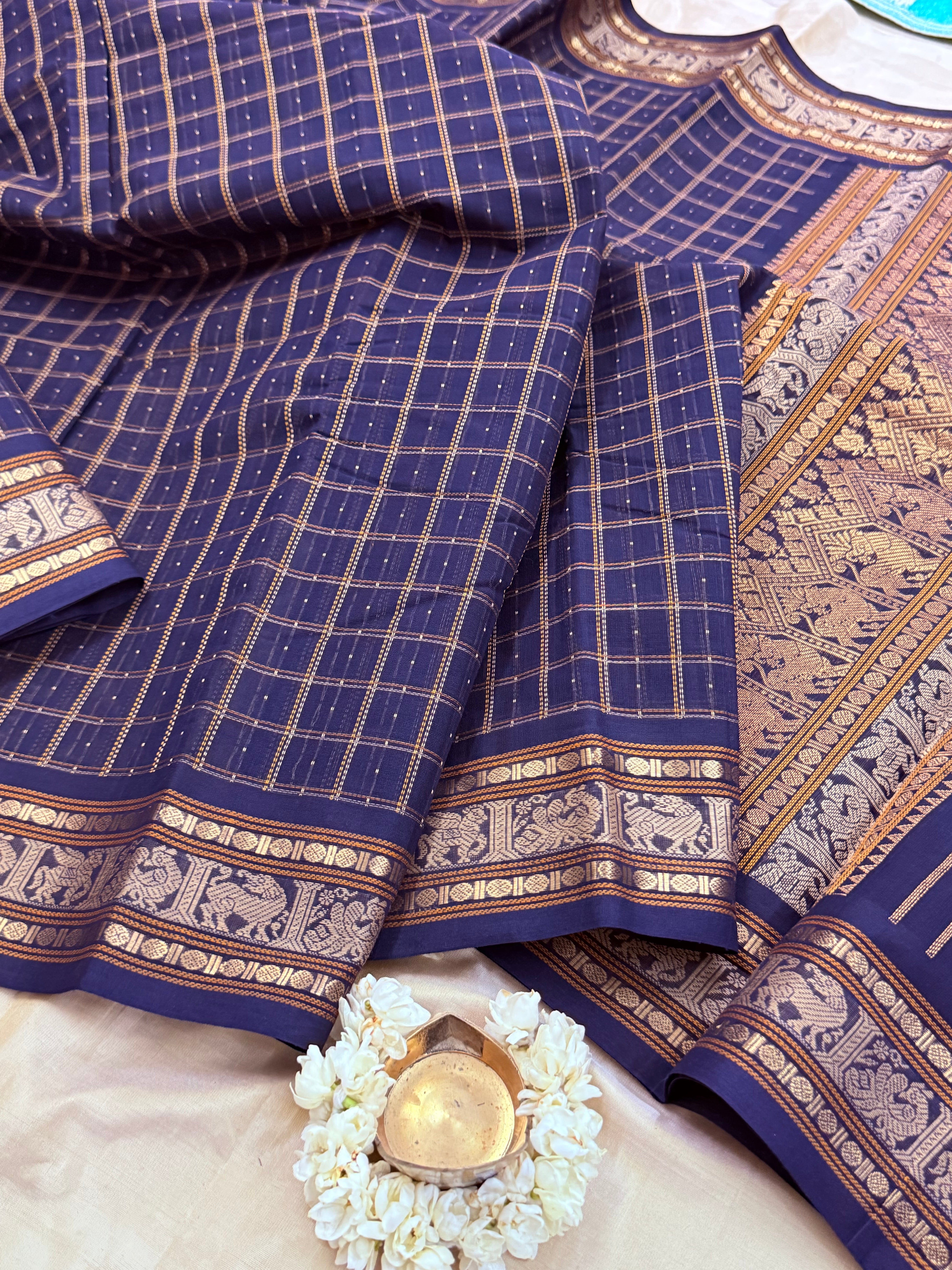 Deep blue pooja butta checks / Kanchi Cotton