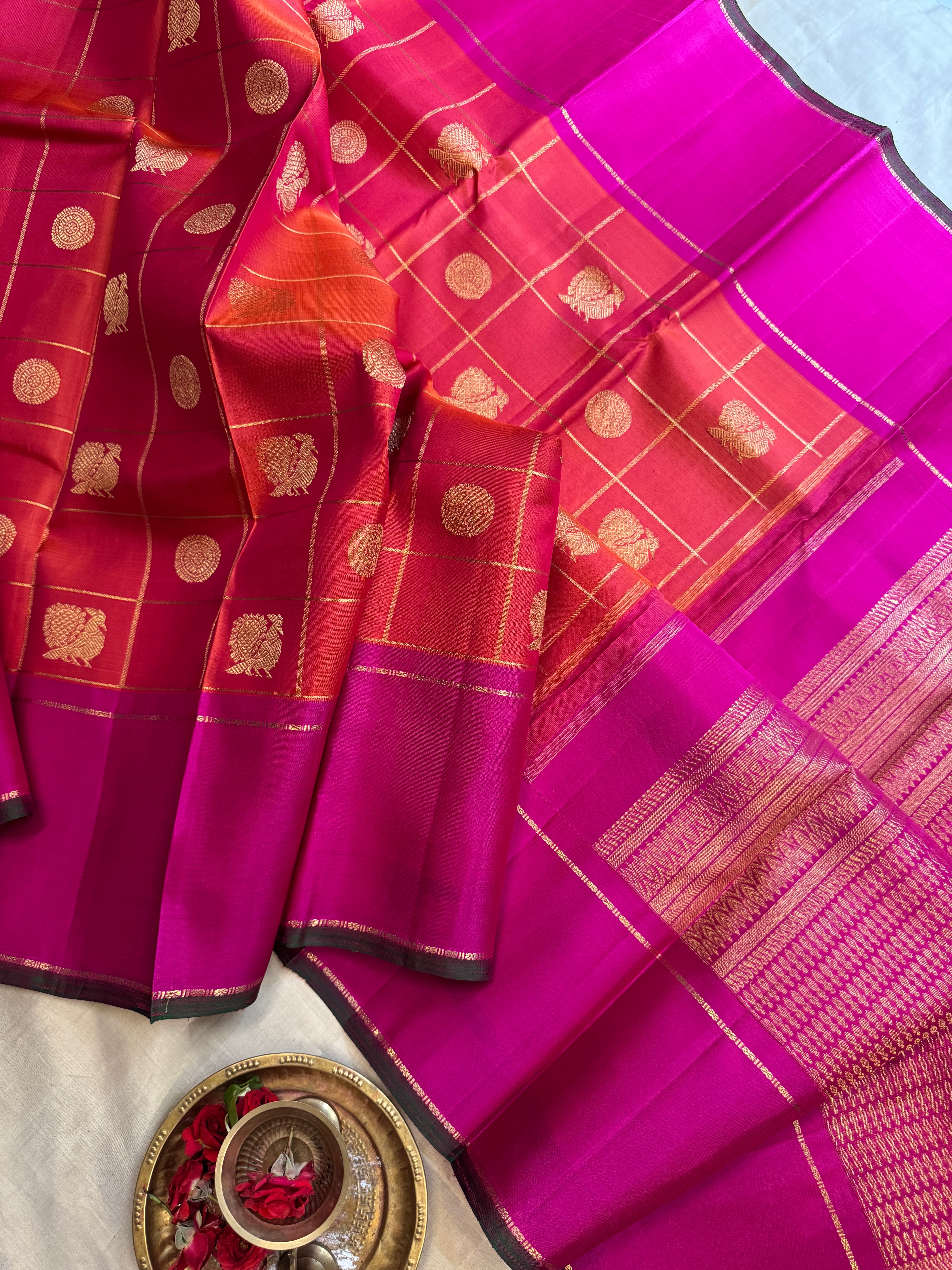 Rustic orange with pink border. / Bridal edit kanjipuram silk