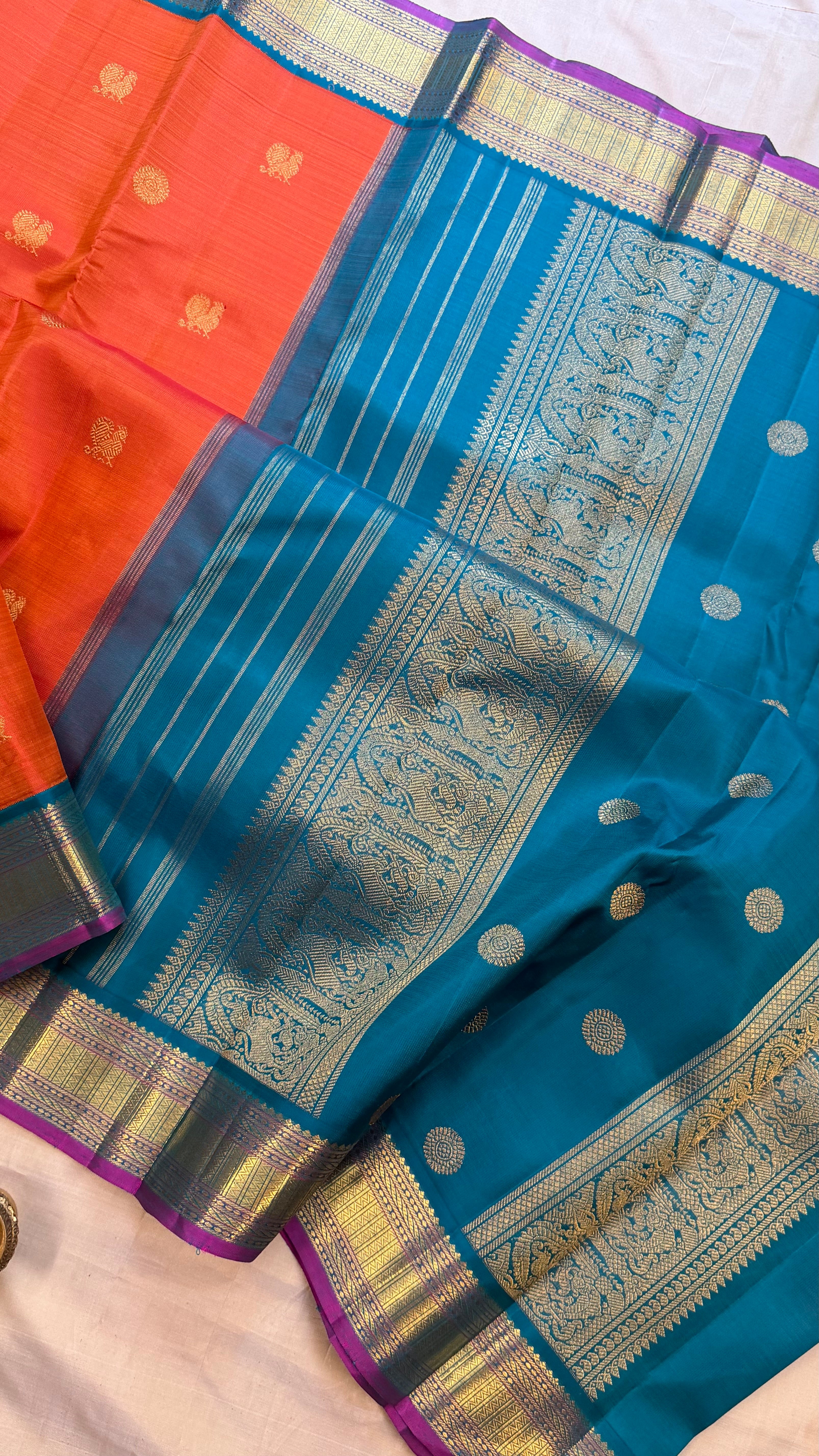 Rustic orange and Rama green Kai Korvai/kanjipuram silk