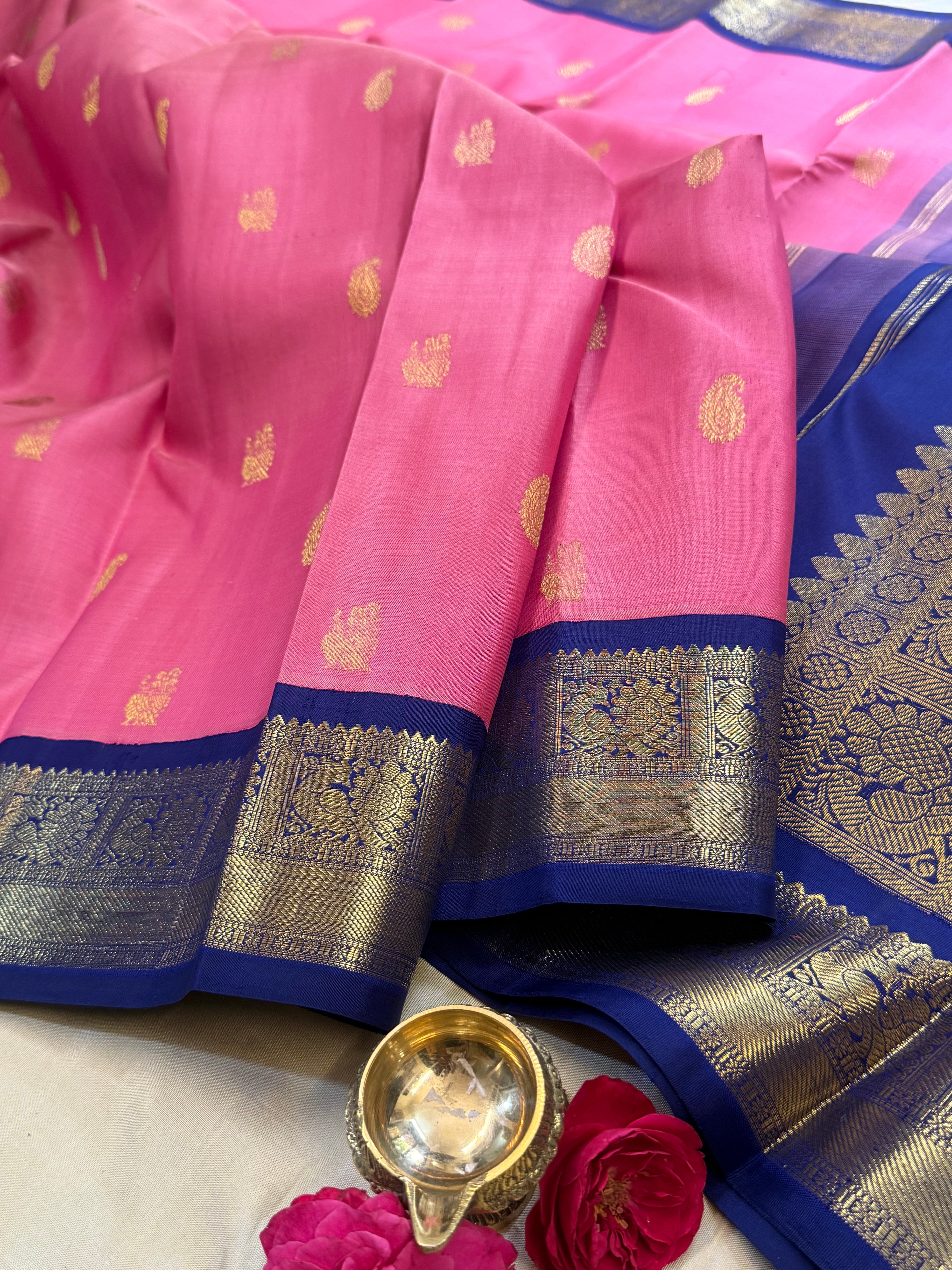 Rosemilk pink and blue kai korvai/ Kanjipuram Silk