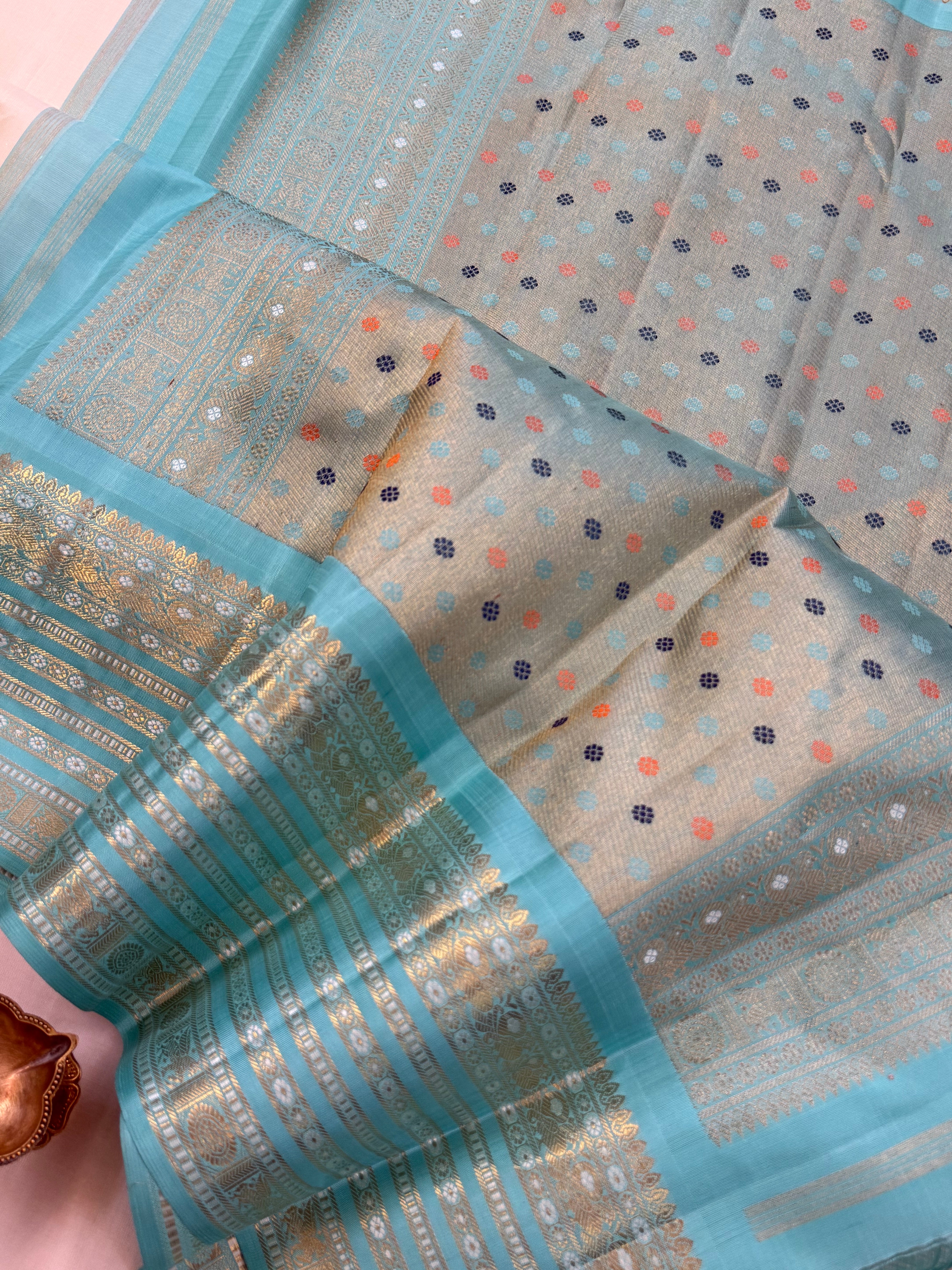 Off white with aqua blue Meenakari Butta with varisapet border Korvai / kanjipuram silk saree