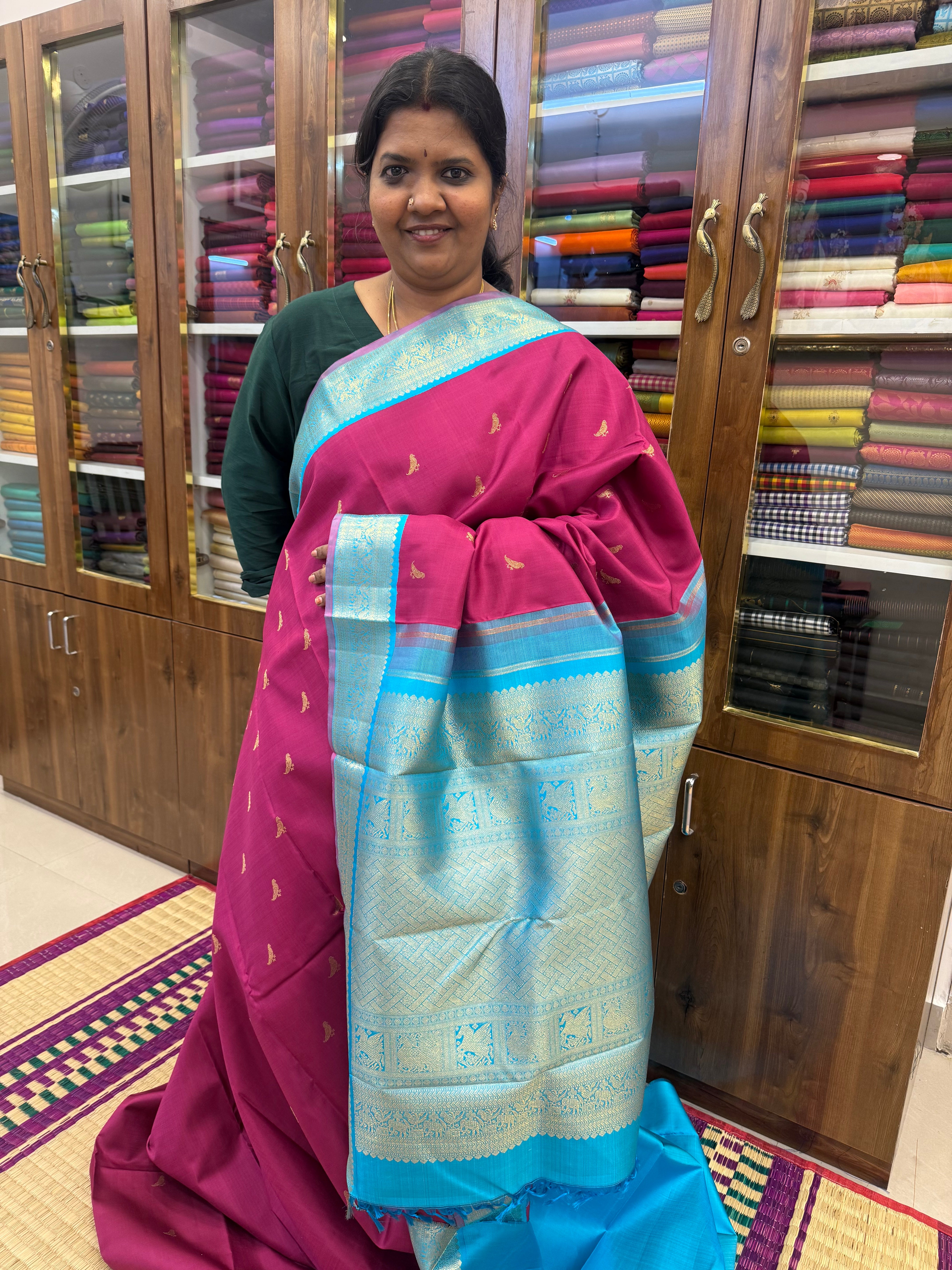Beeetroot colour parrot Butta Korvai / kanjipuram silk