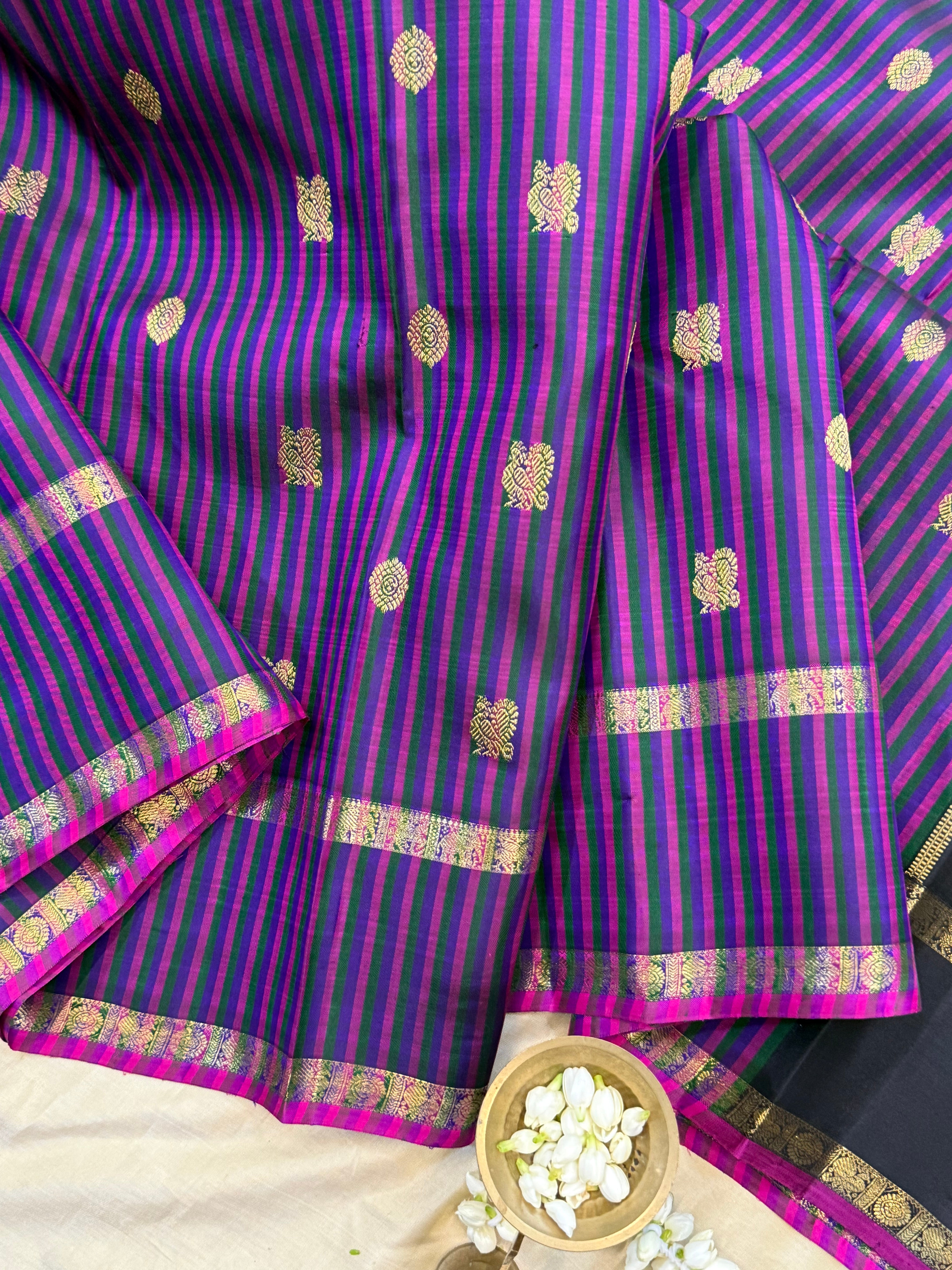 Deep purple multi colored stripes annam and chakram butta/ Kanjipuram silk