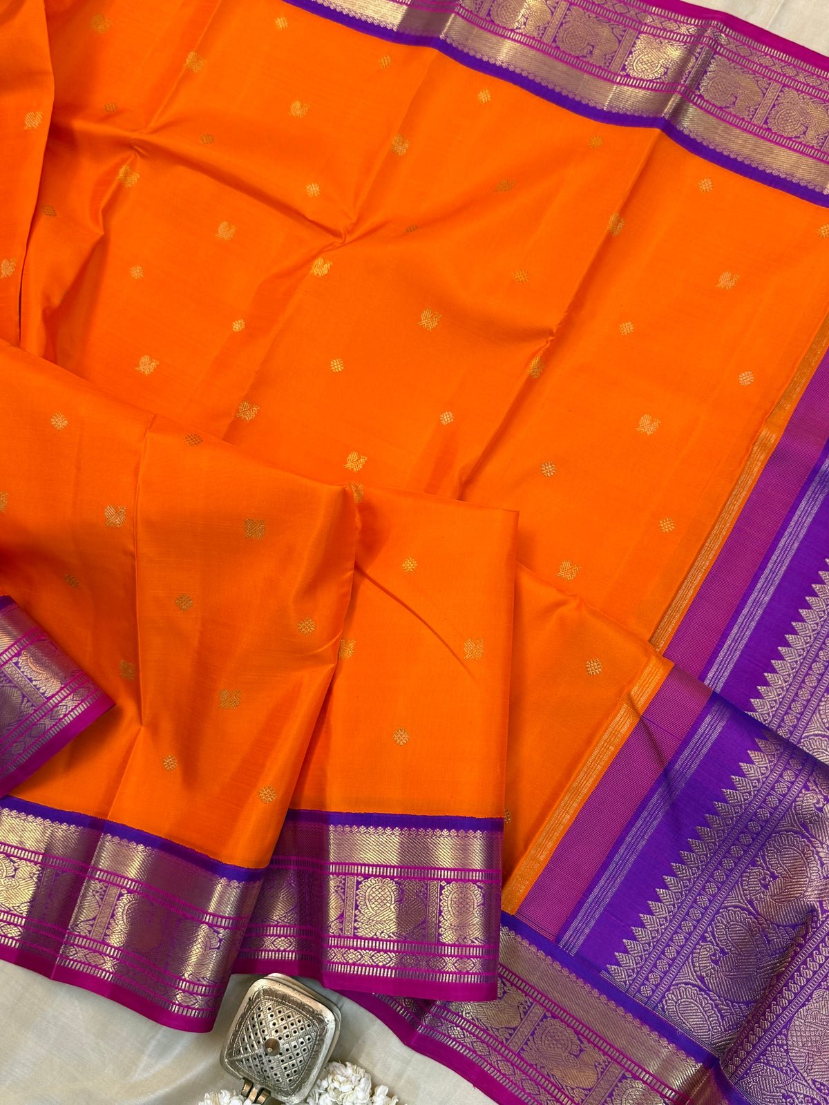 Navarathri - Day 5 Orange Colour pure Zari butta Korvai /Kanjipuram silk sree Clsa 7737