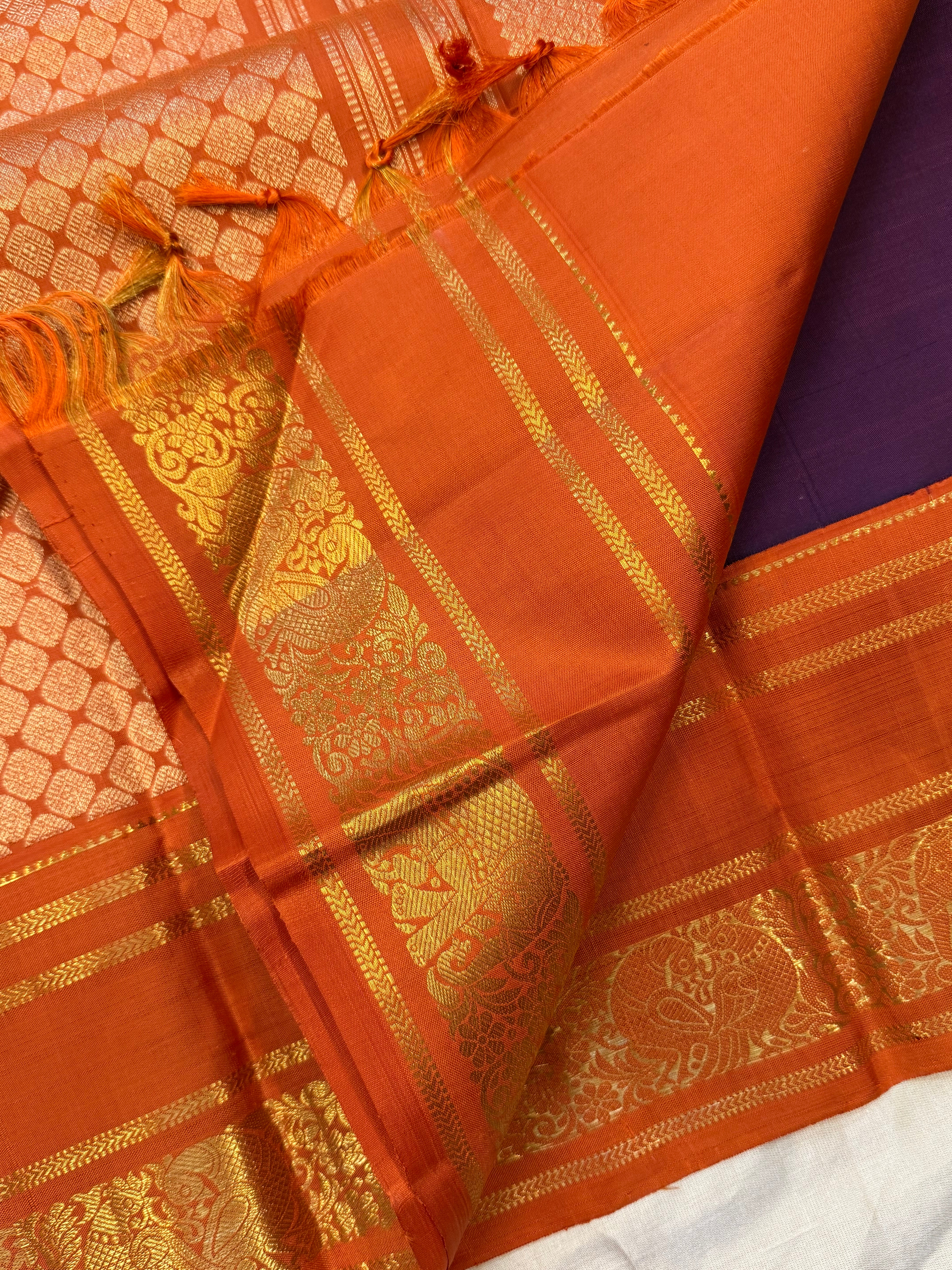 Deep purple and orange thread butta/ Arani silk
