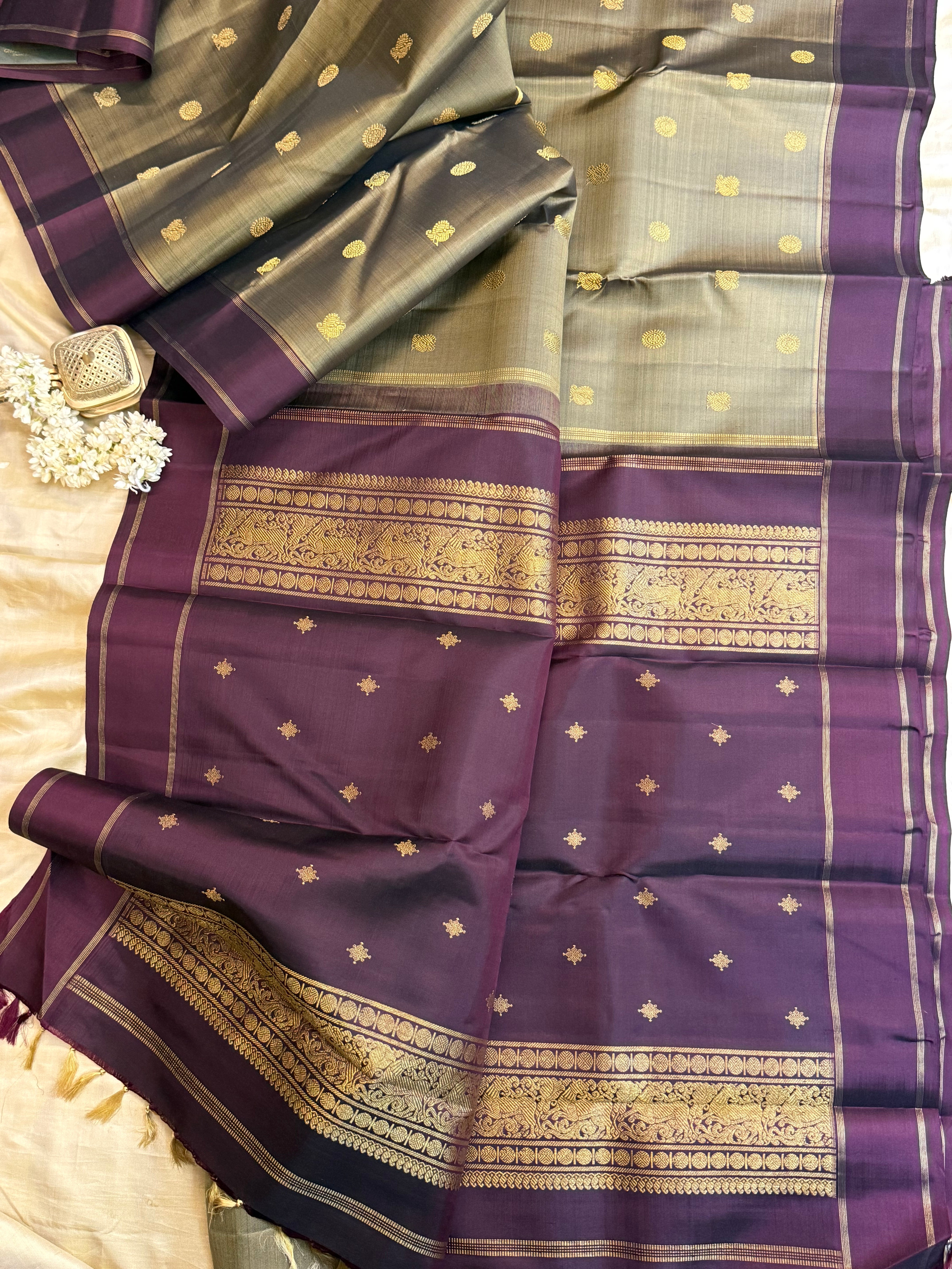 Deep olive and burgundy/ Kanjipuram silk