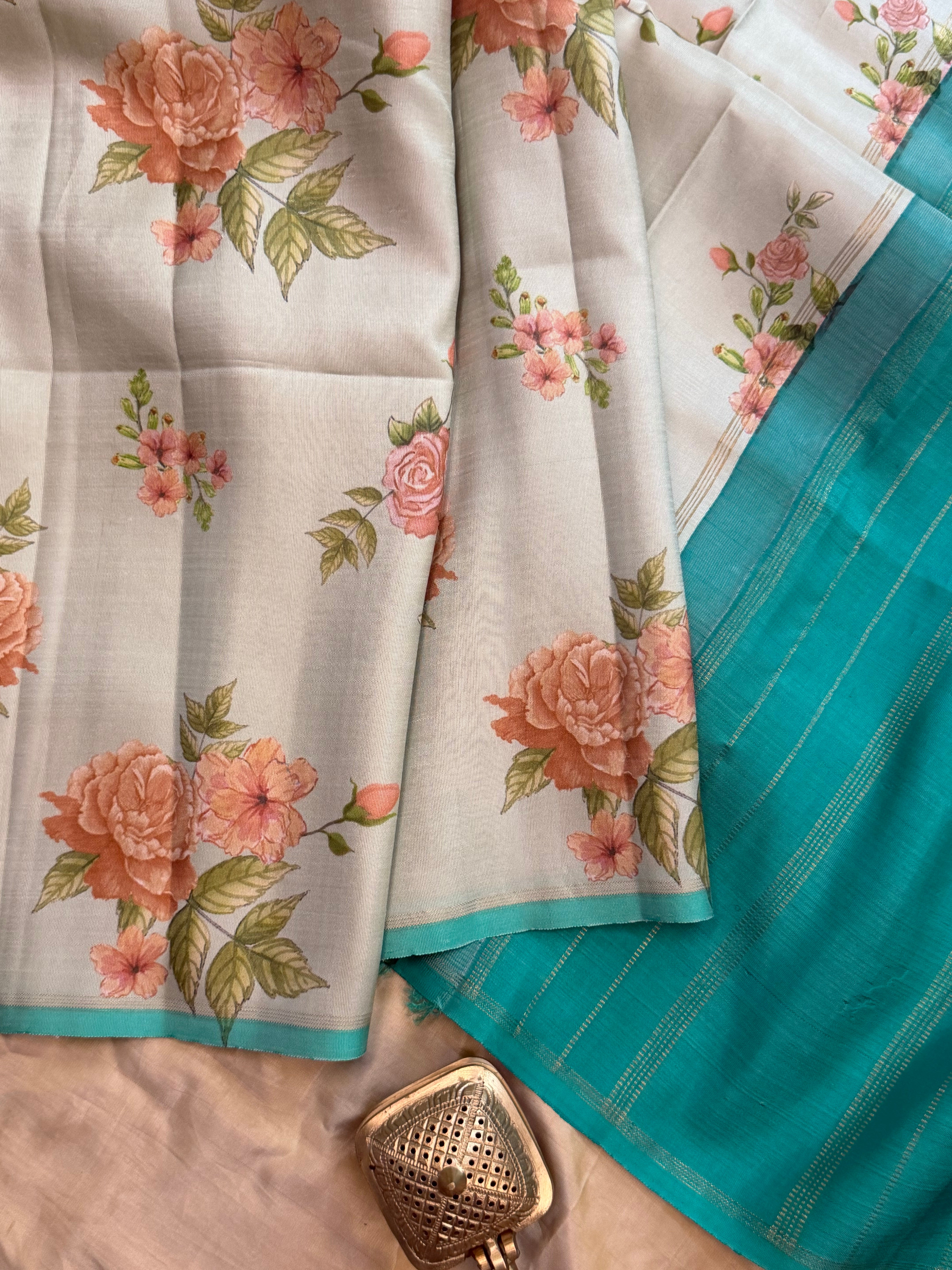 Floral digital printed / pure Zari Kanjipuram silk