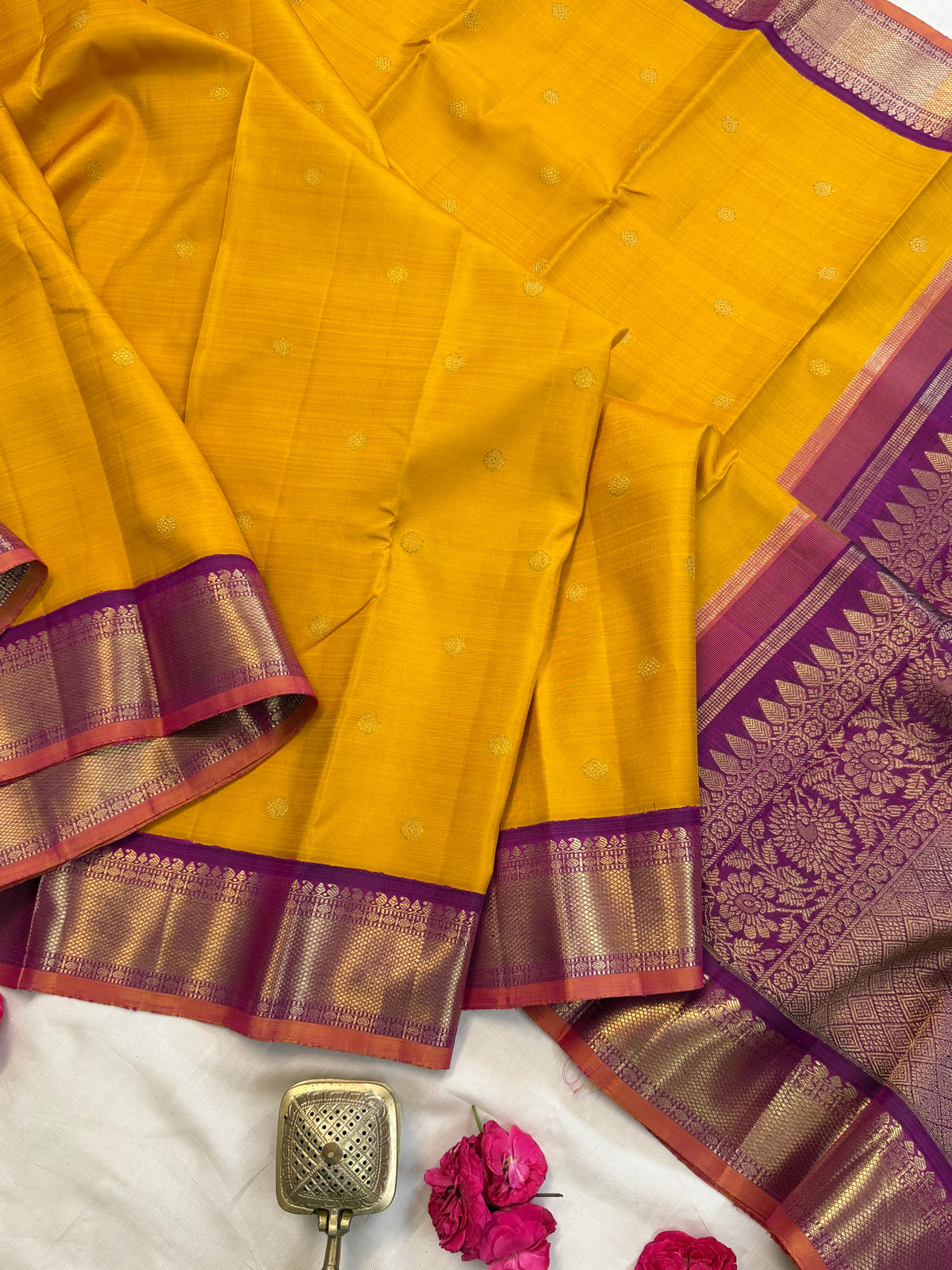 Yellow - Day 1 Navarthri colour pure Zari Kanjipuram silk / Mango yellow Korvai
