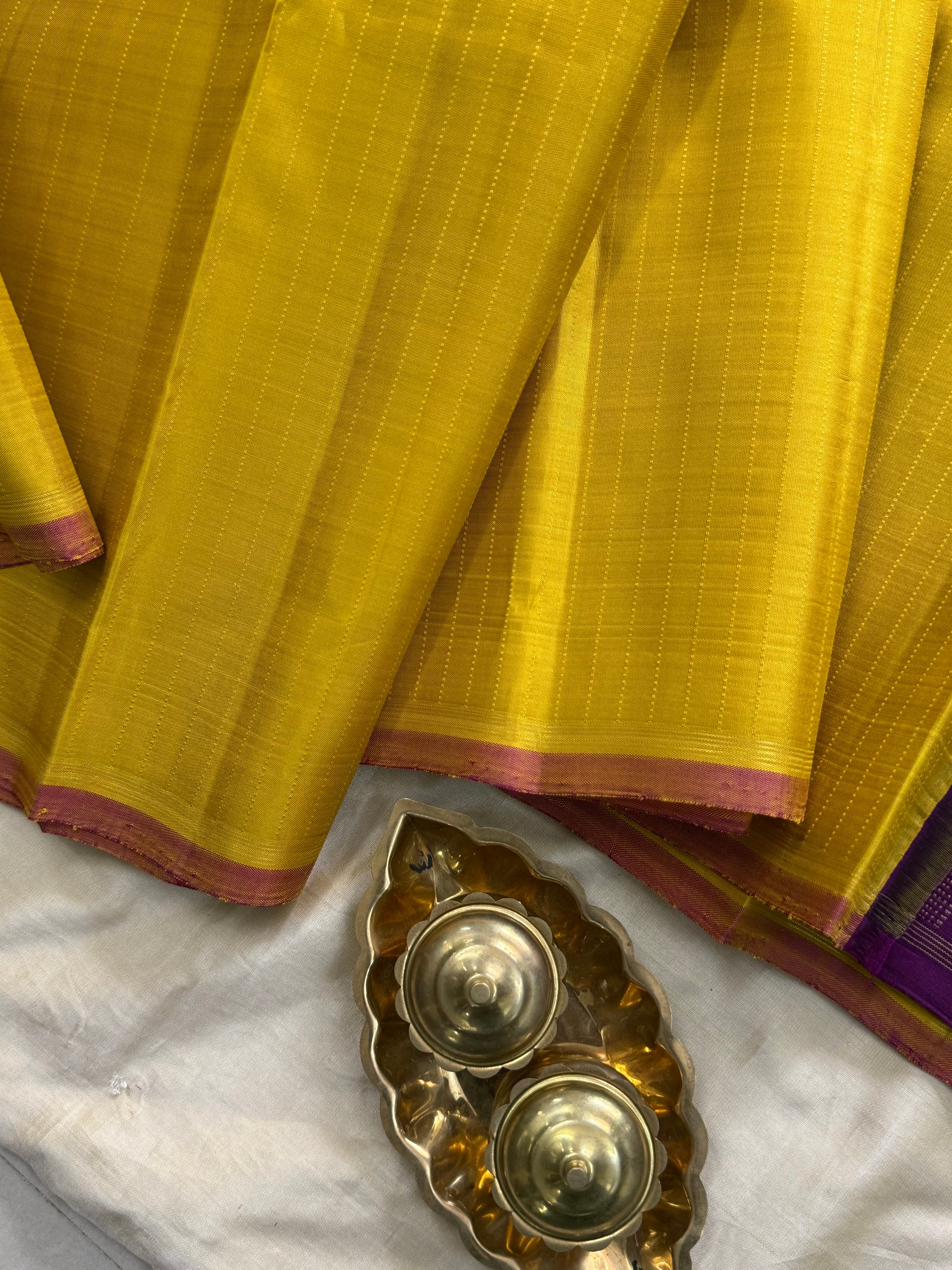 MUSTARD YELLOW AND BODY THREAD LINE BORDER LESS/KANJIPURAM SILK SAREE CLSA 9761