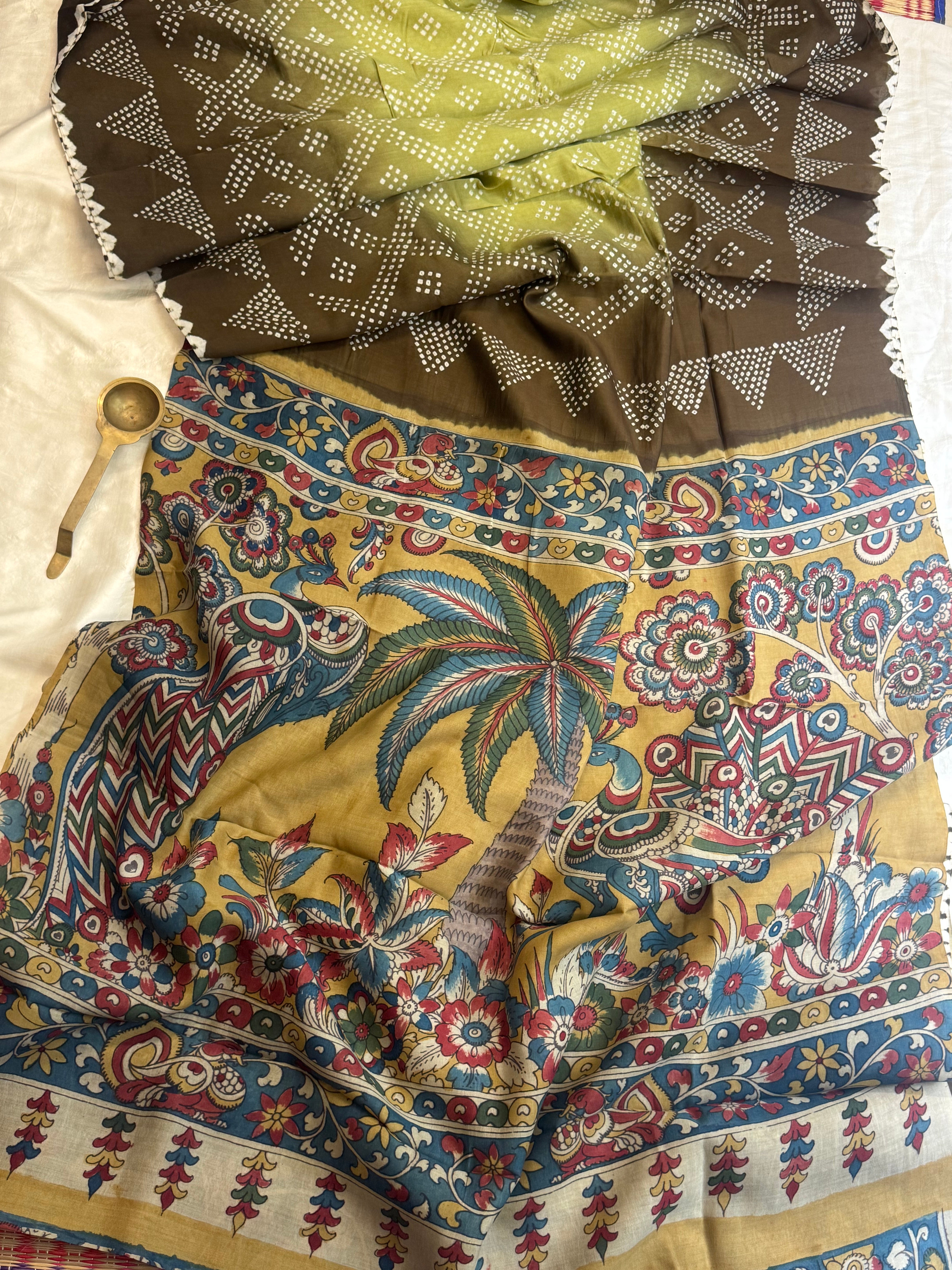 shaded gharchola Tussar Kalamkari Palla was / Bandhini saree