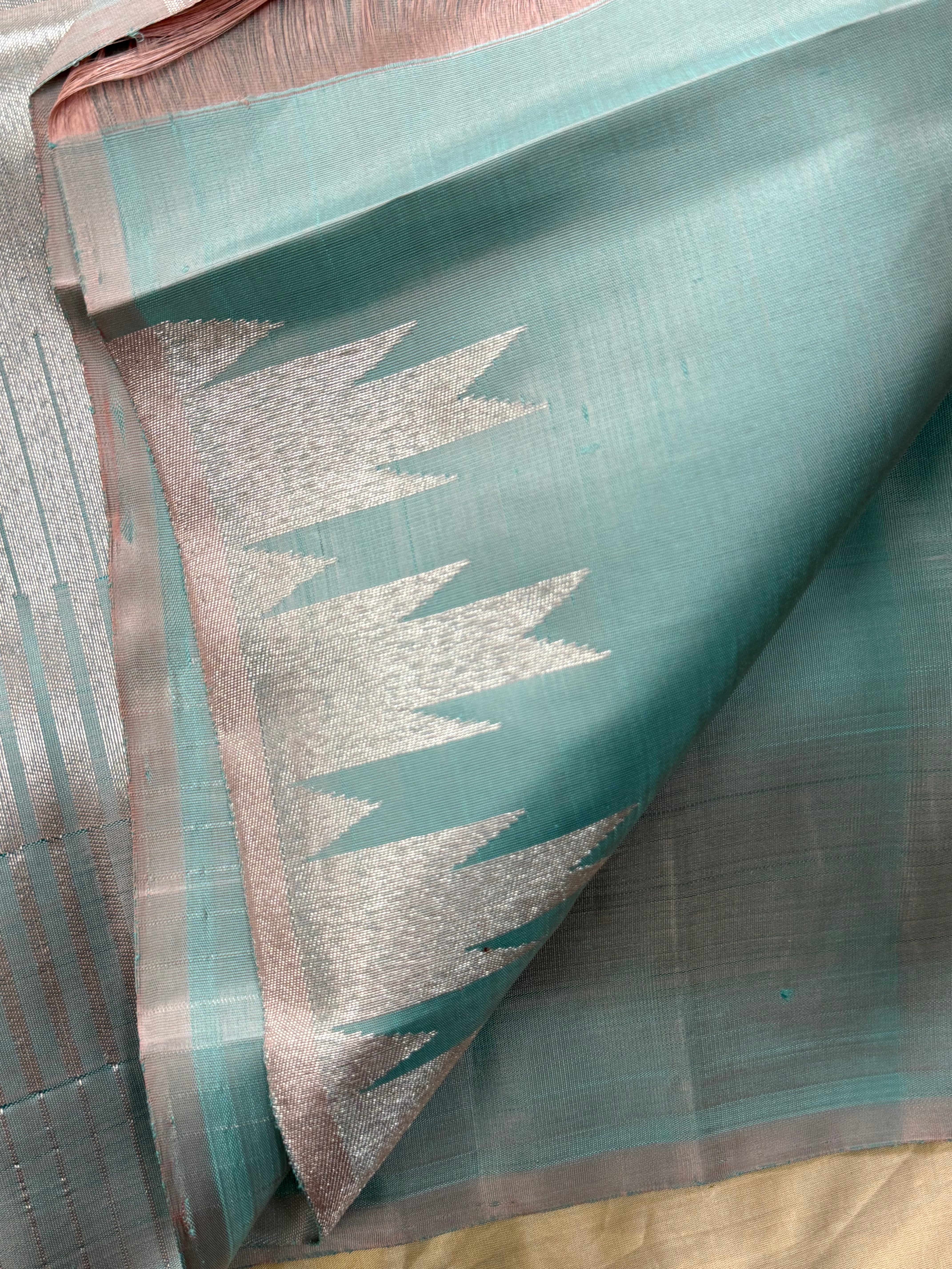 Powder blue silver zari 8 kol temple border/ Kanjipuram silk CLSA8766