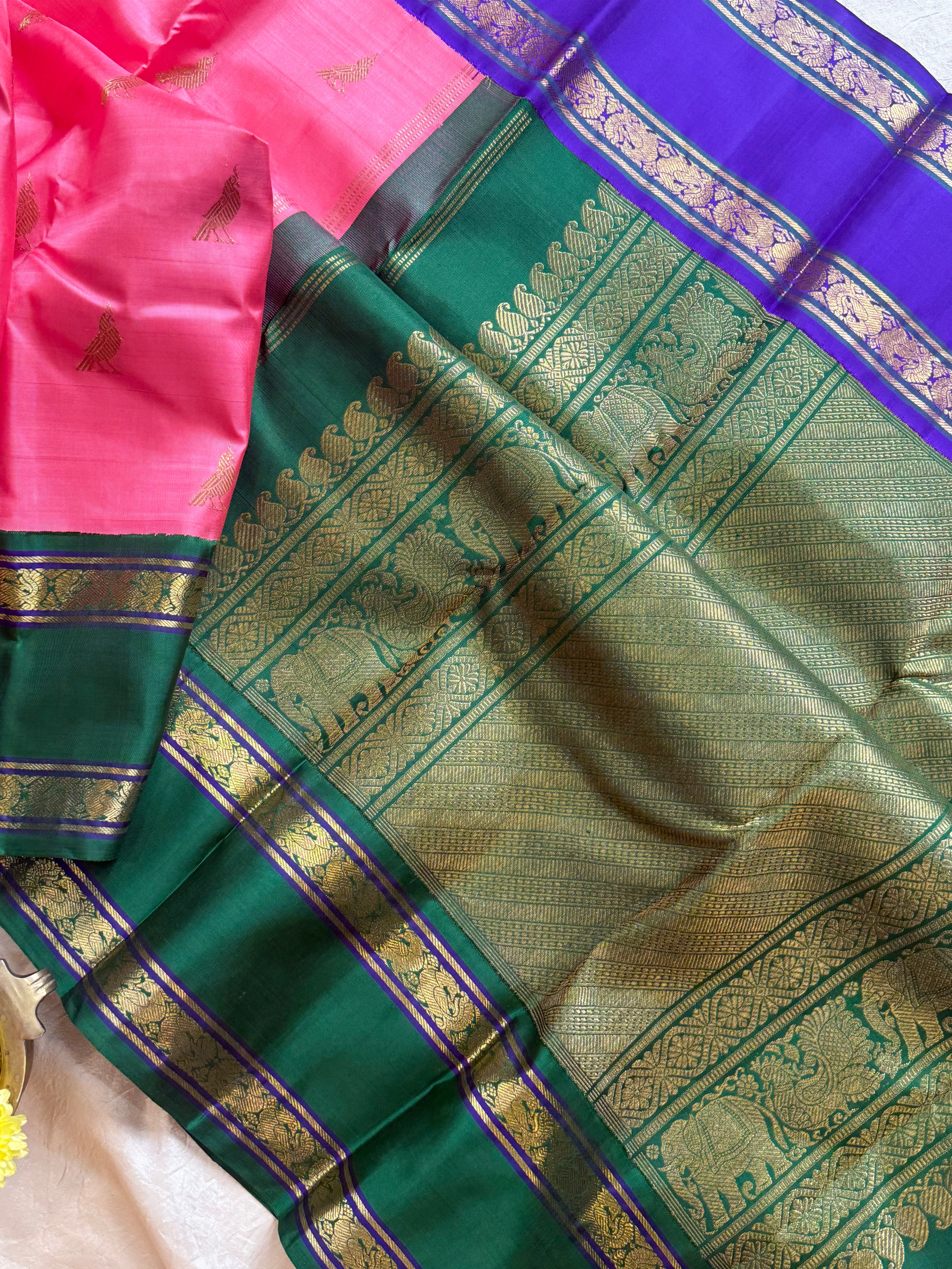 Peachish pink Ganga Jamuna Kai Korvai / kanjipuram silk