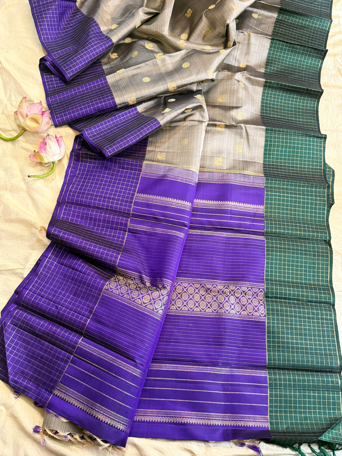 Grey Ganga Jamuna Kattam simple pure Zari Kanjipuram clsa12697