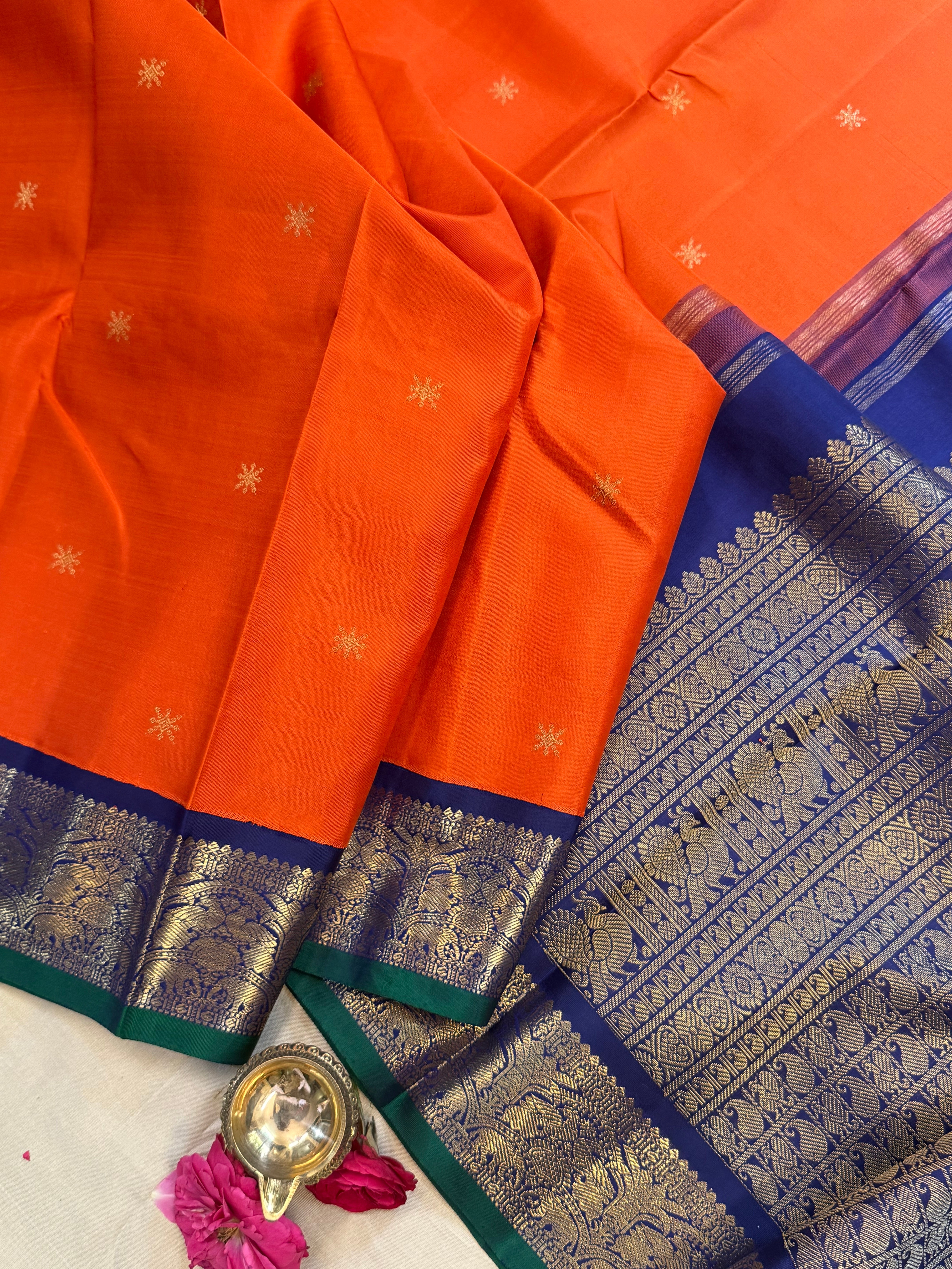 Orange and blue kai korvai / kanjipuram silk