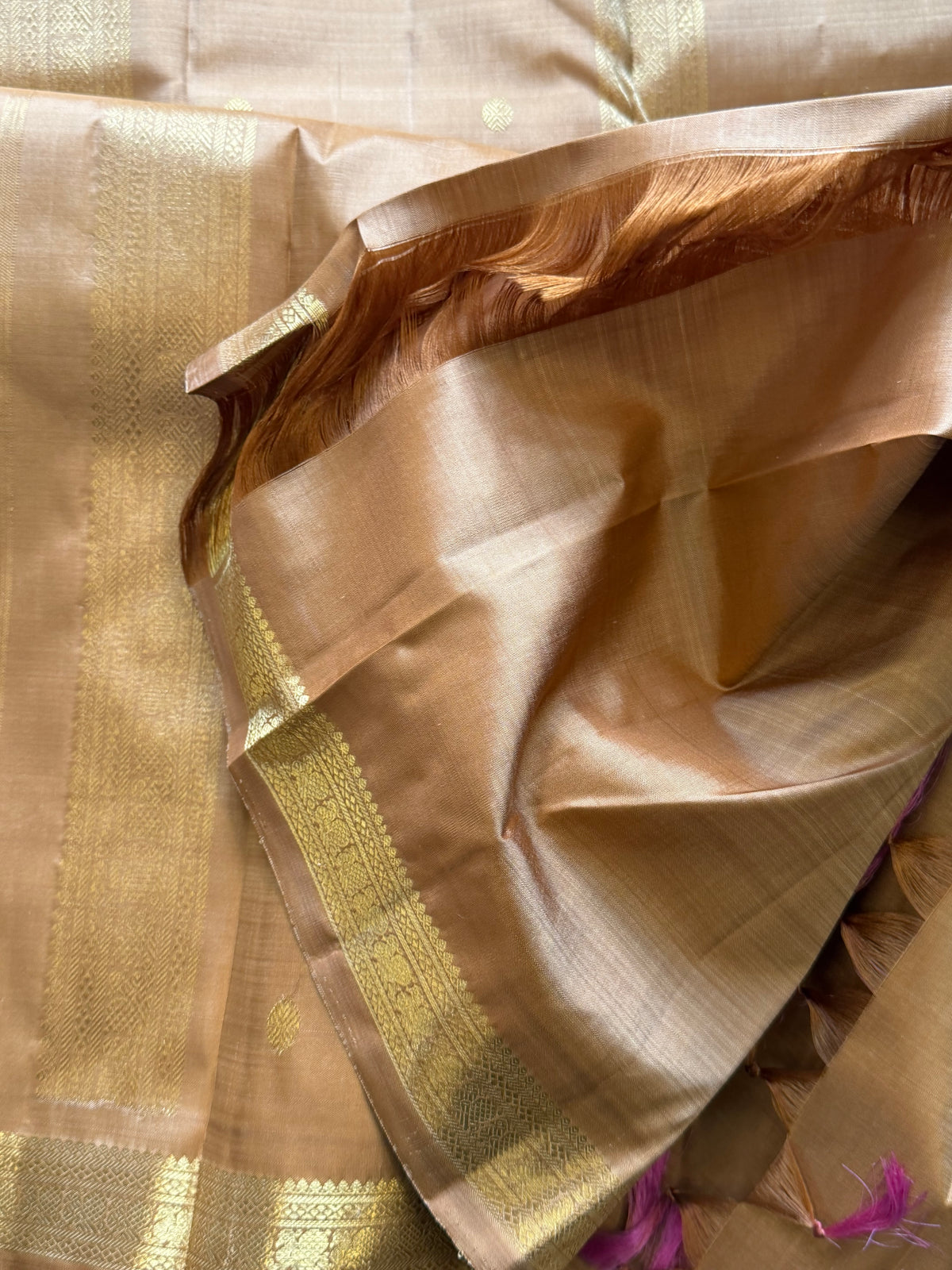 Golden brown color pure Zari pencil border Kanjipuram