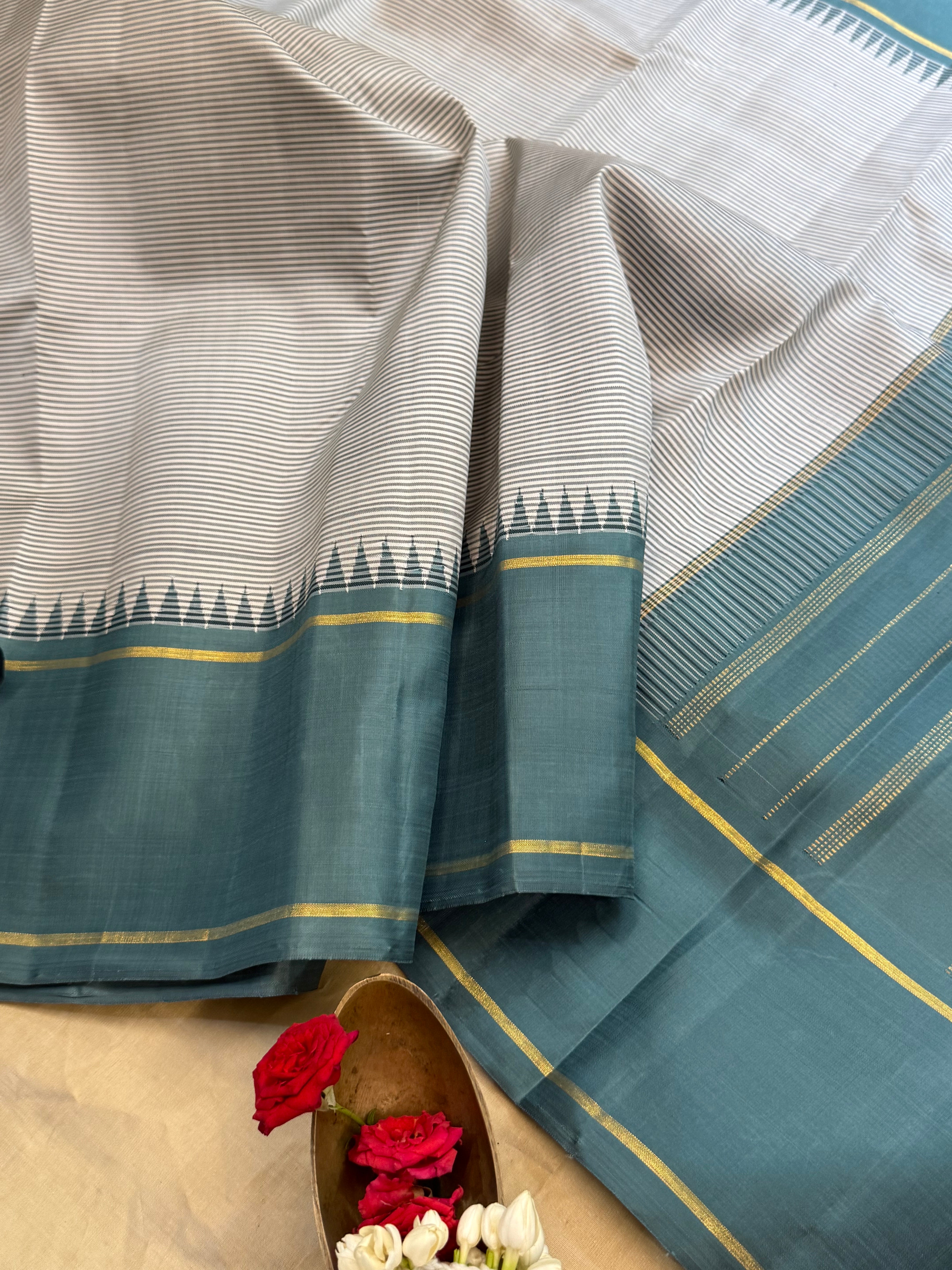 Grey and pastel blue korvai / Arani silk