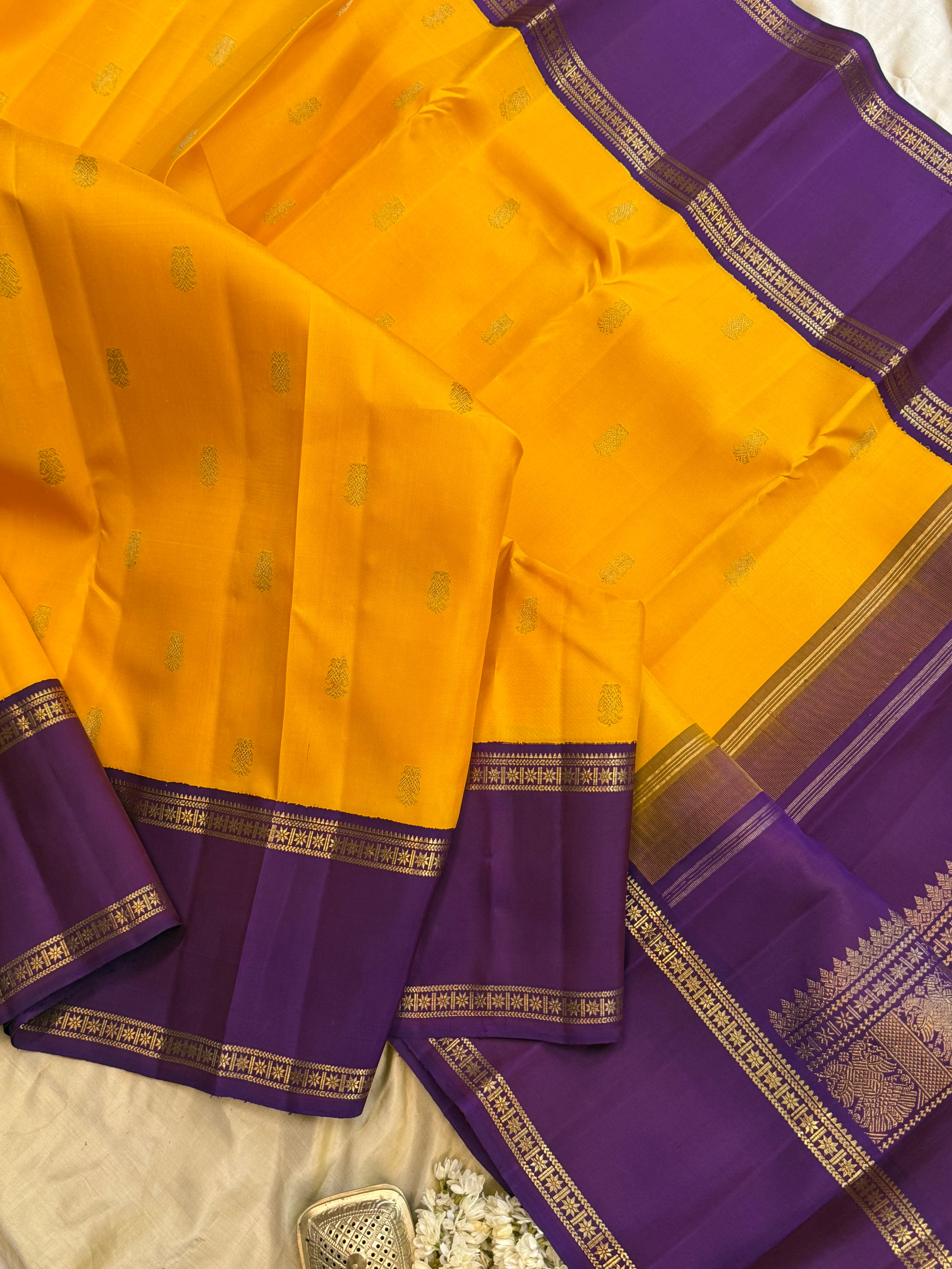 Manjal and purple rettapet border kai korvai/ Kanjipuram silk
