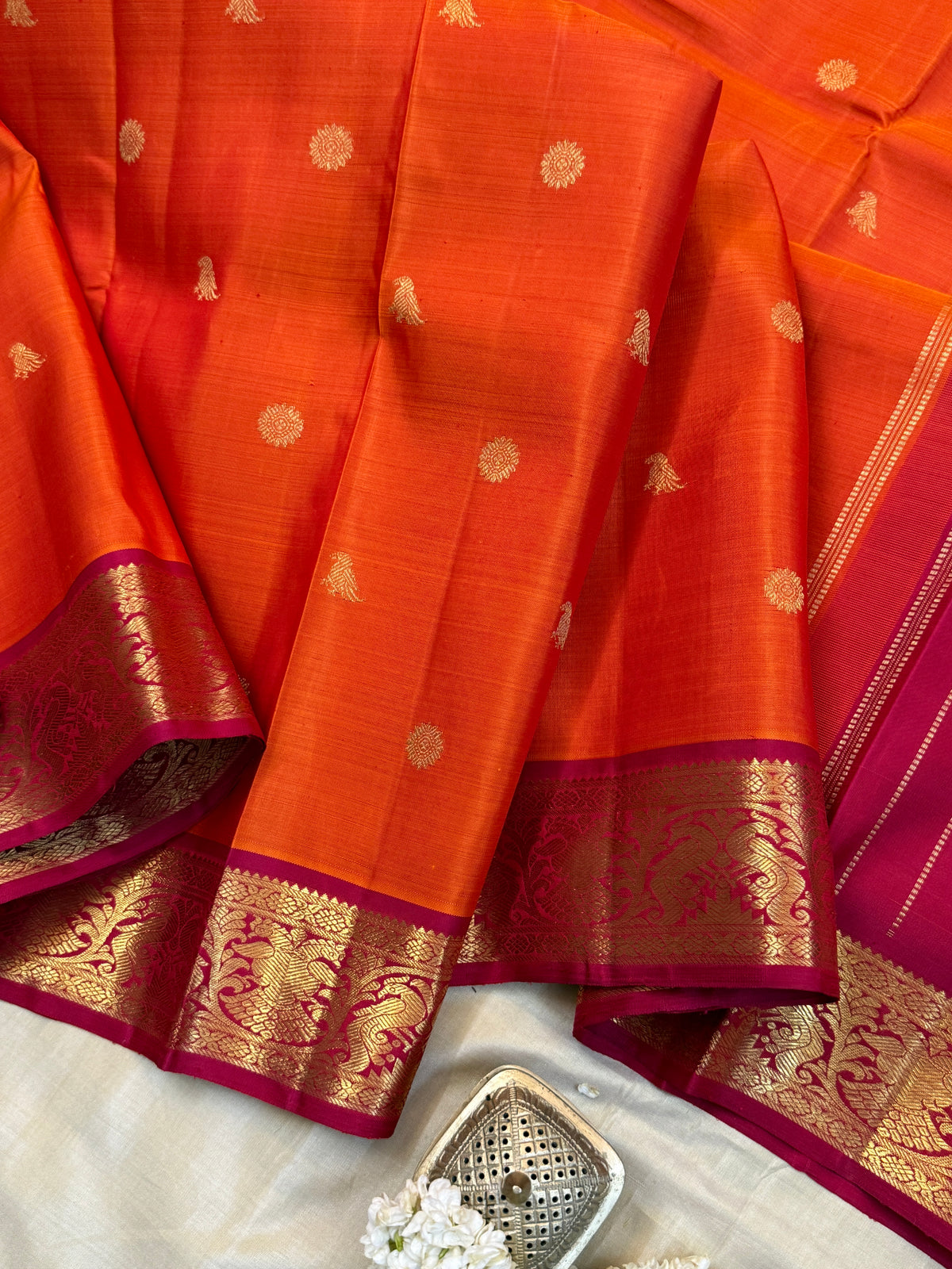 Navarathri - Day 5 Orange Colour pure Zari butta / Kanjipuram silk sree Clsa10160