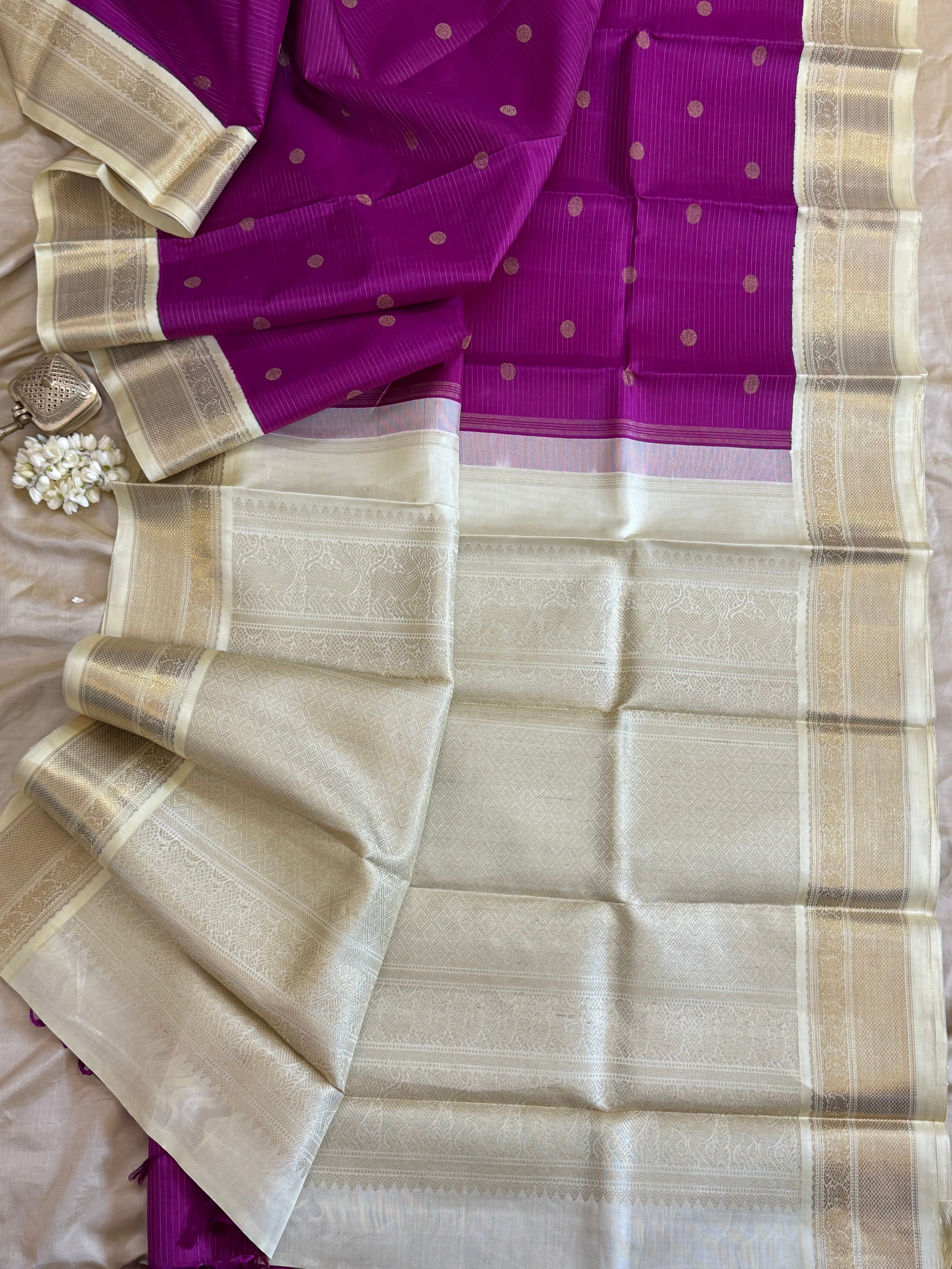 Purple vairaoosi and white kai korvai/ kanjipuram silk