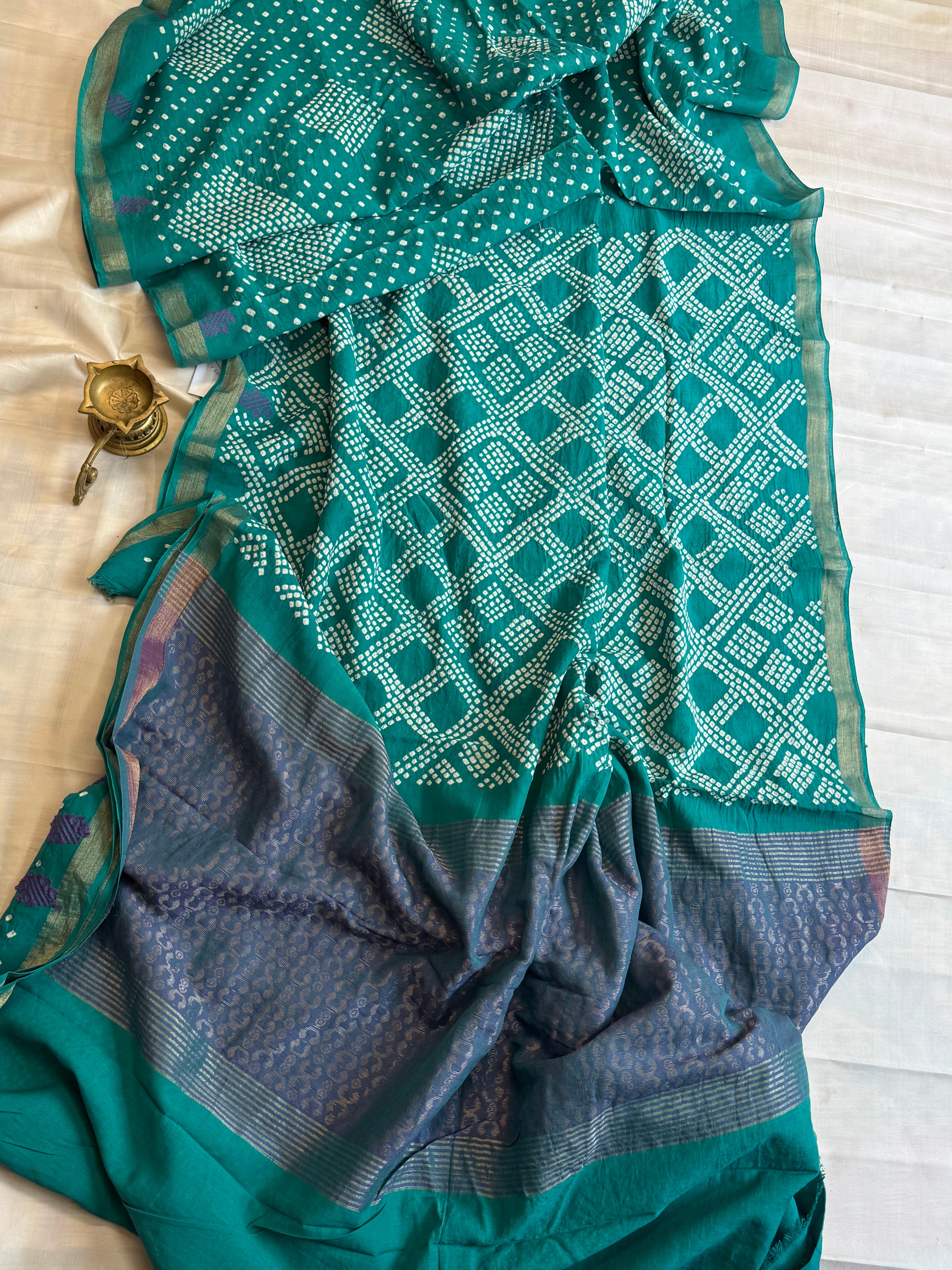 Sea green cotton Bandhini saree