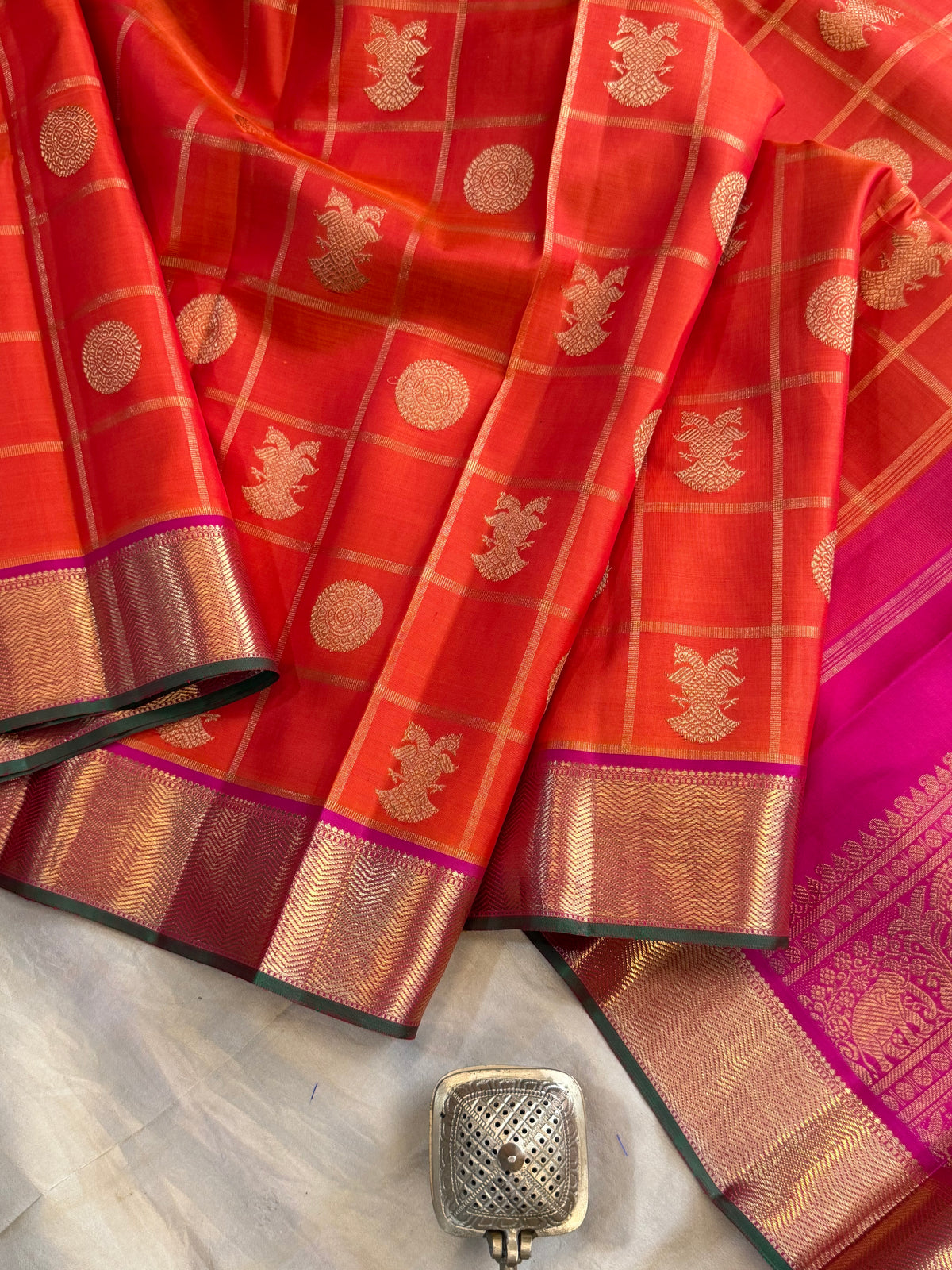 Orange Zari Kattam - pure Zari Kanjipuram silk