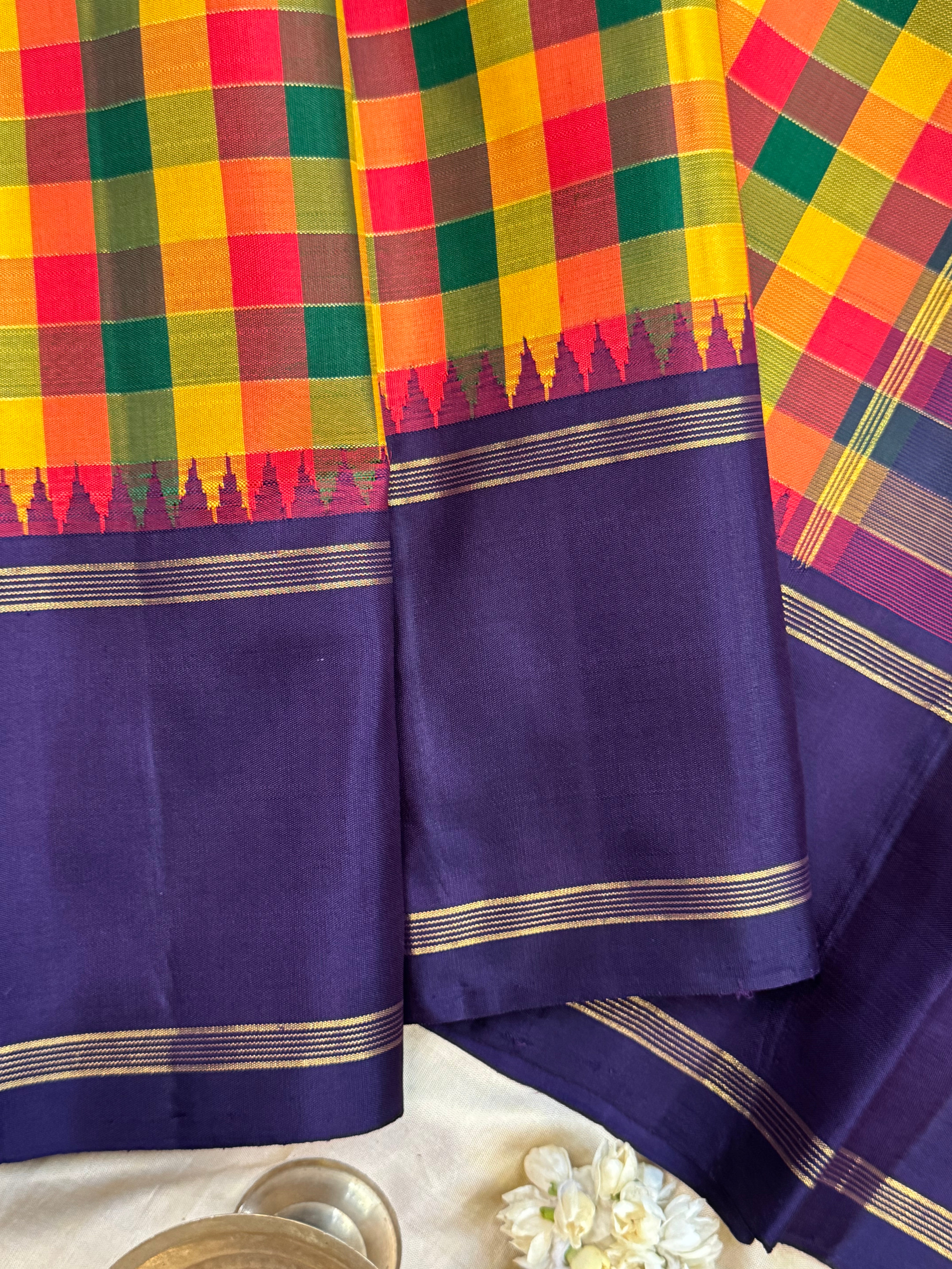 Paalum pazhamum check and purple border / Arani silk