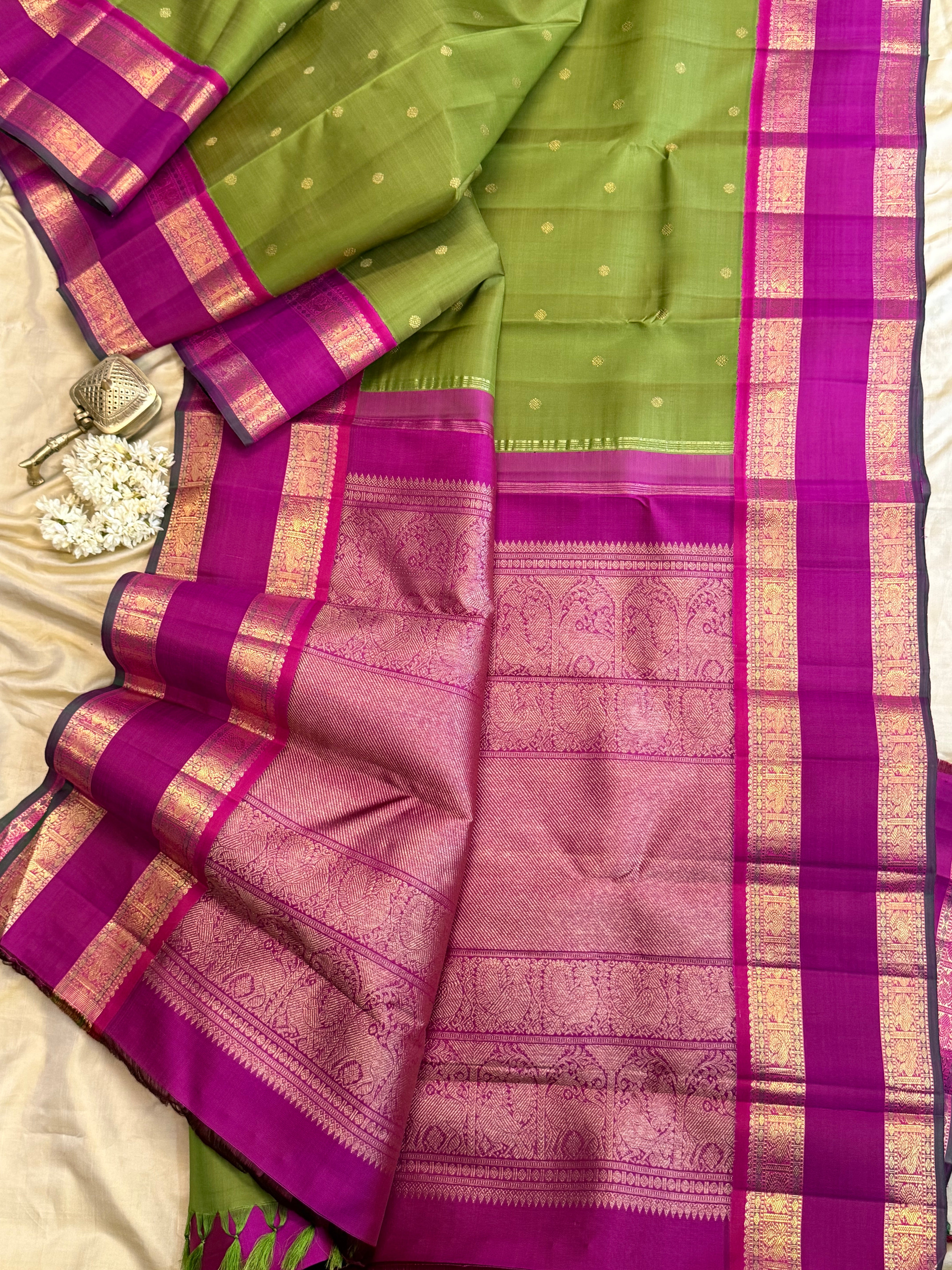 Olive green and magenta pink rettapet border kai korvai/ Kanjipuram silk