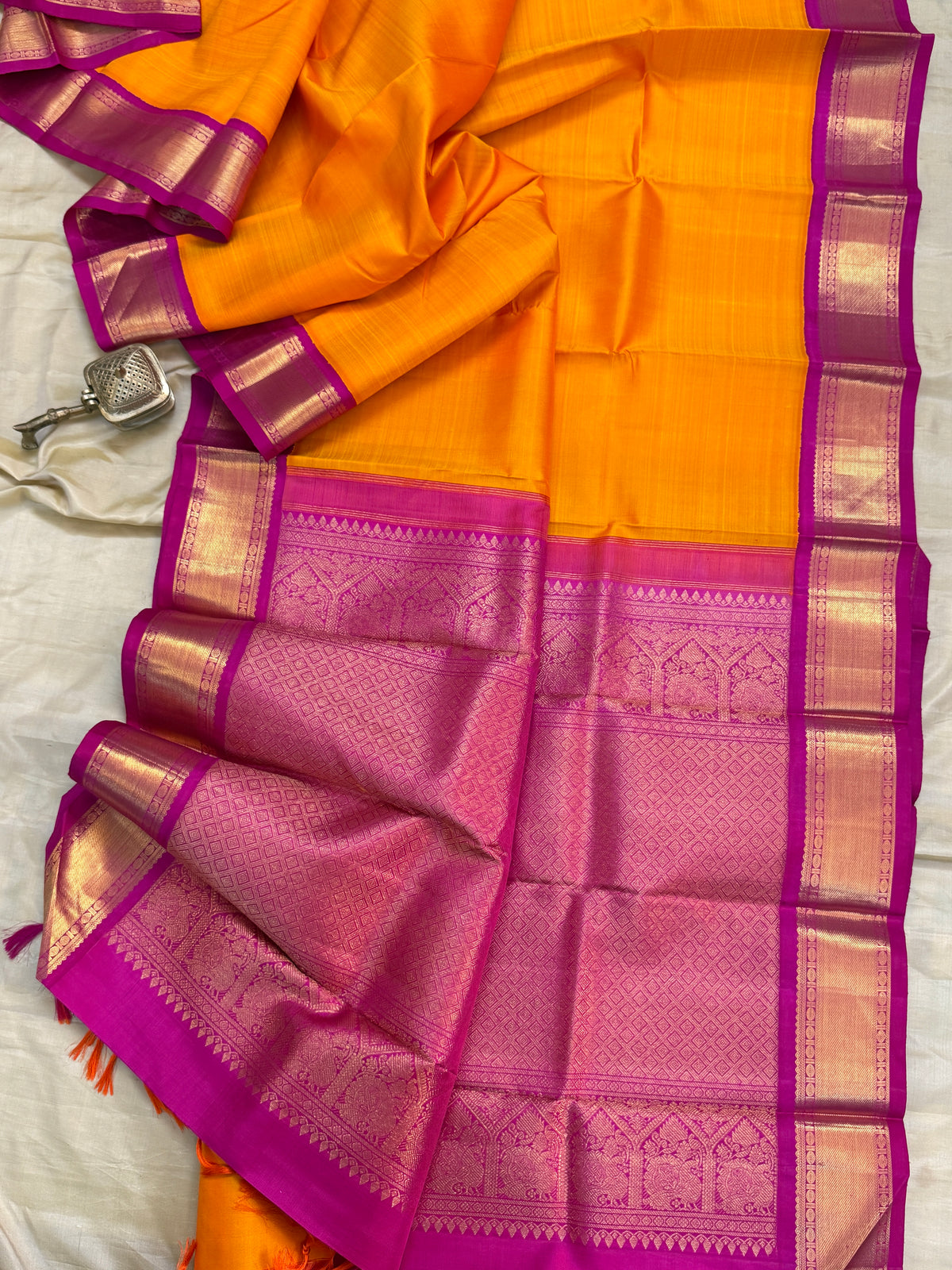 Mango yellow and pink border Korvai/Aarani silk saree clsa 6689