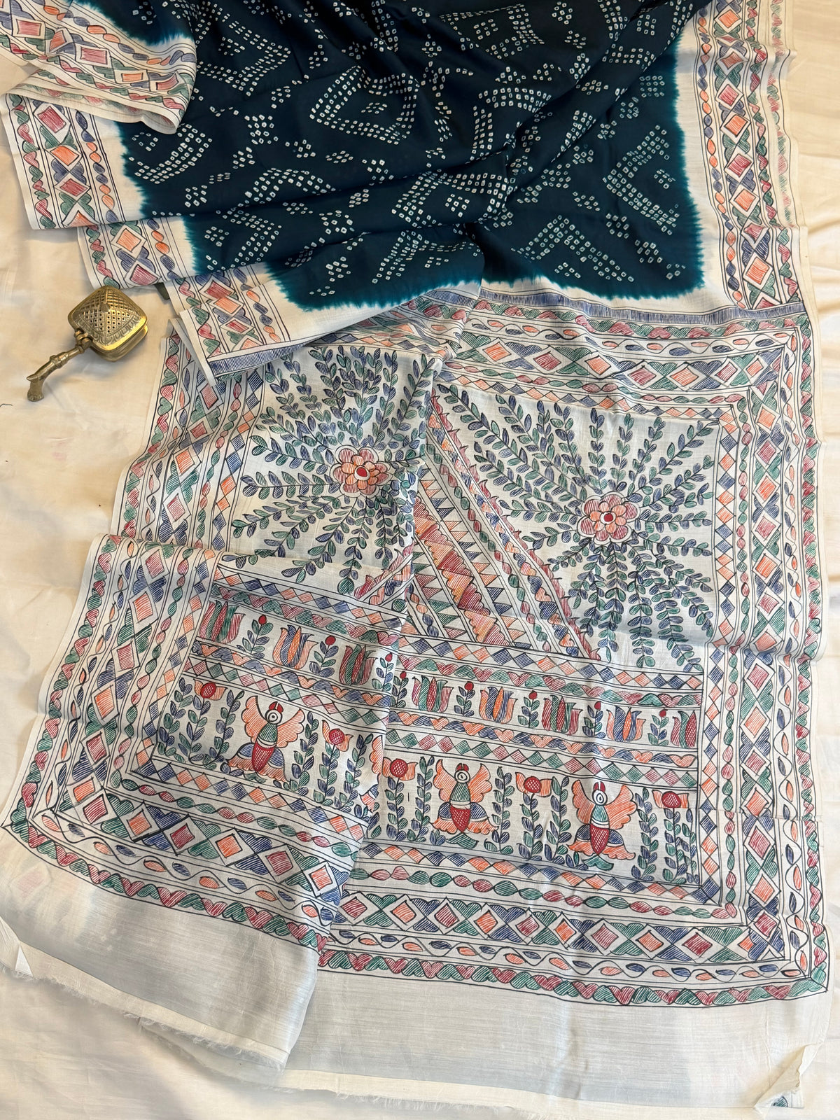 Blue Bandhini with Madhubani work in silk