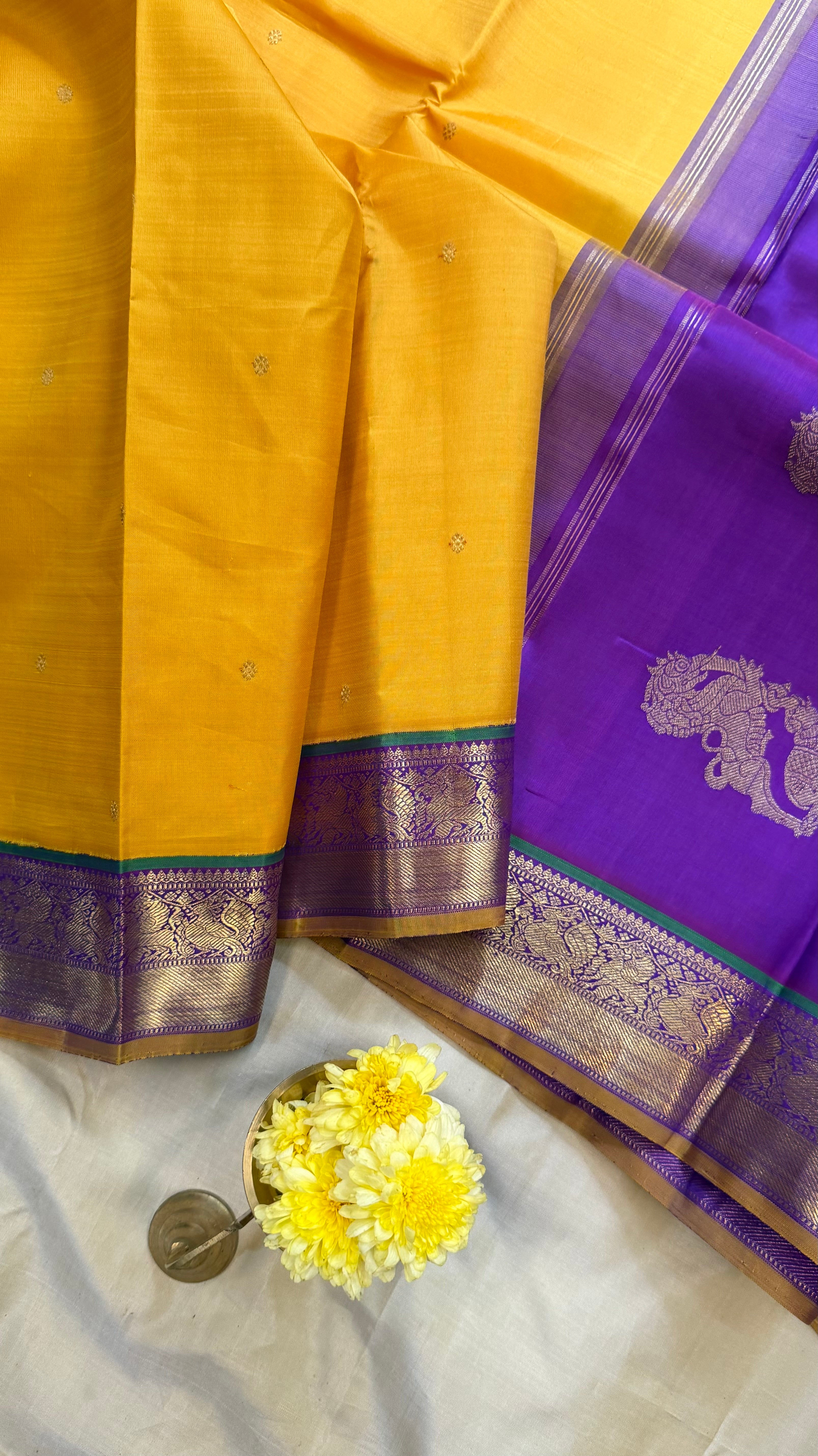 Manjal and purple kai korvai/ kanjipuram silk