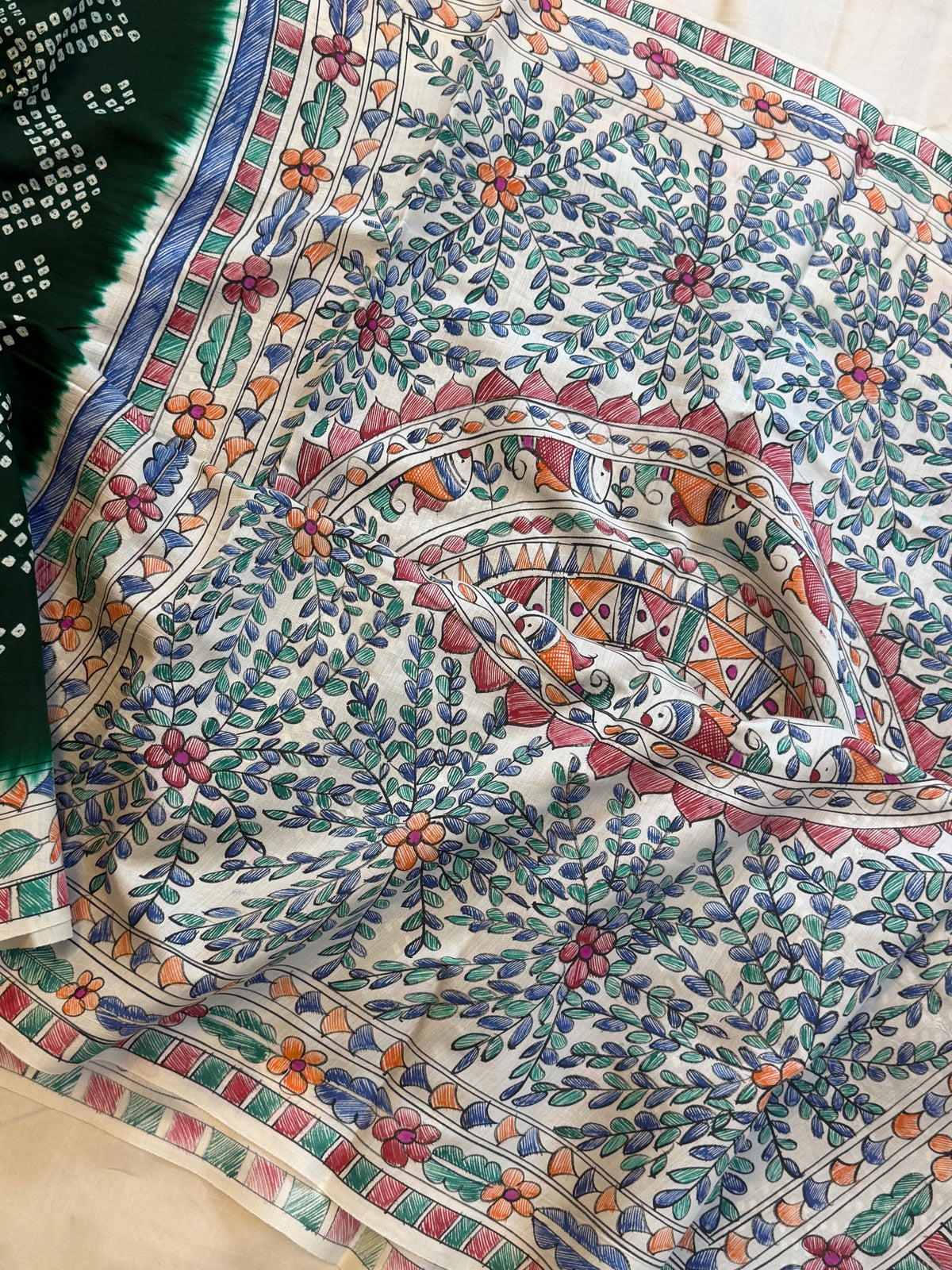 Green Bandhini with Madhubani work in silk