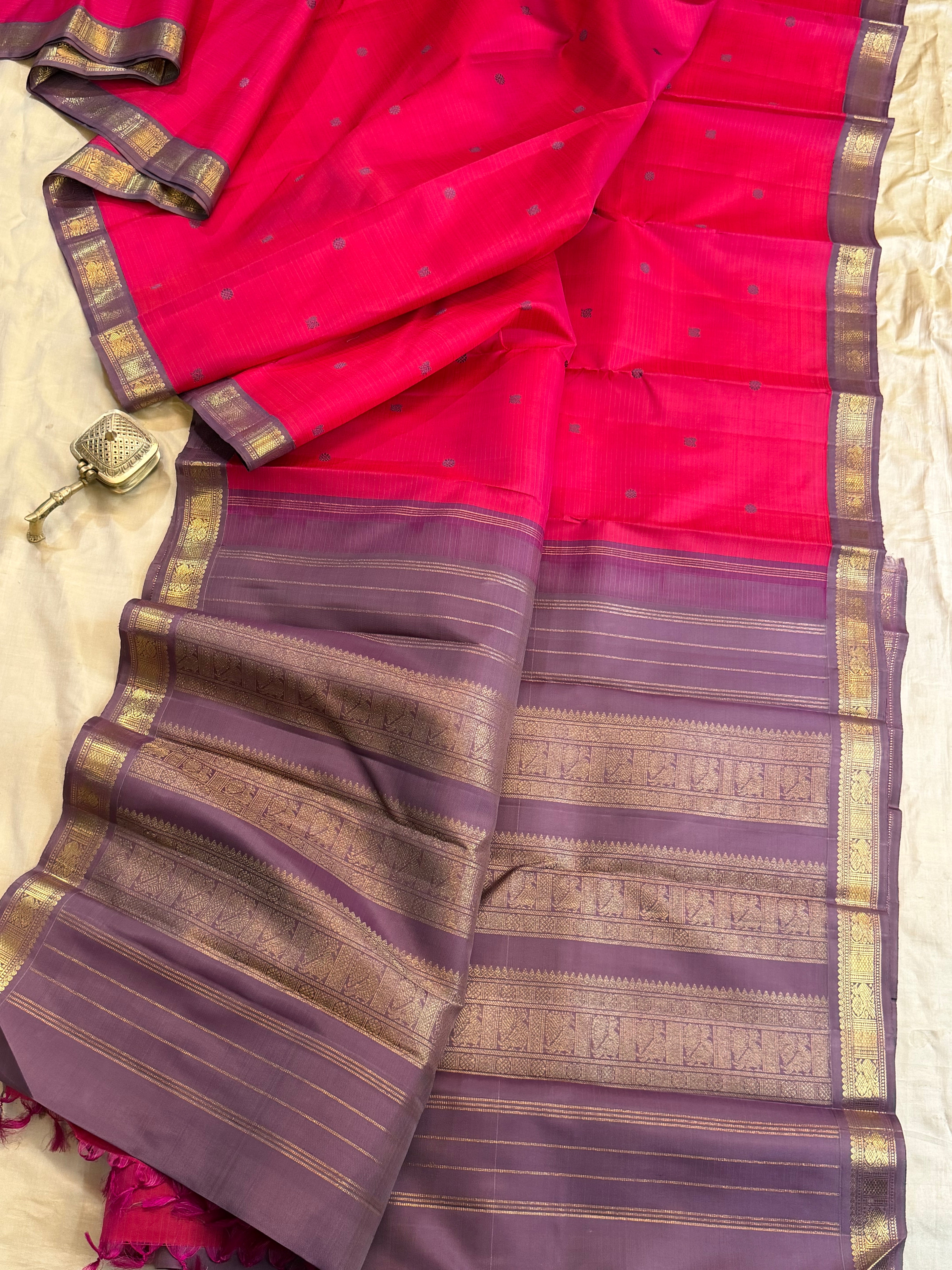 Strawberry pink kutty Korvai / pure Kanjipuram silk