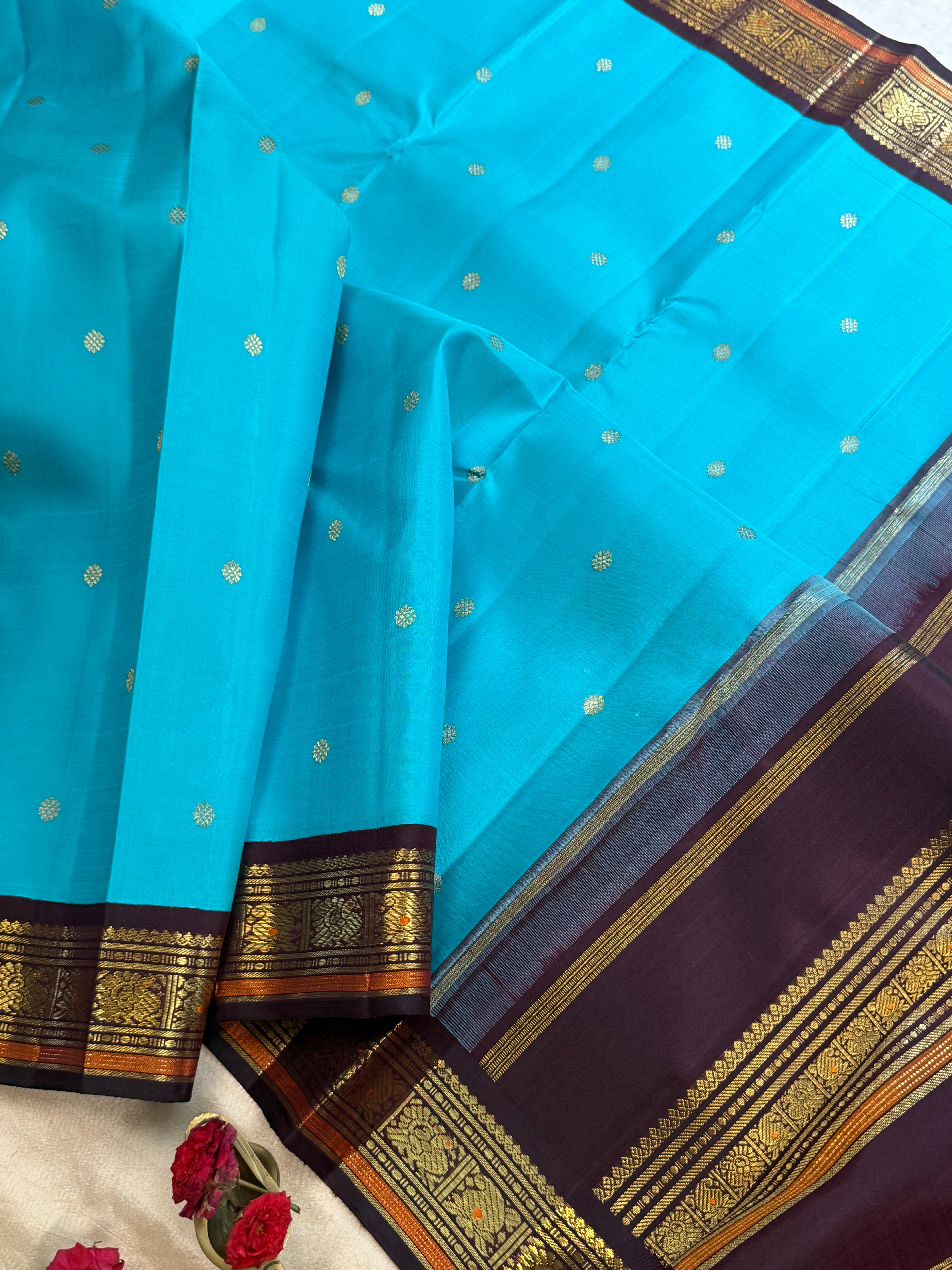 Aqua blue and brown kai korvai/ Kanjipuram silk