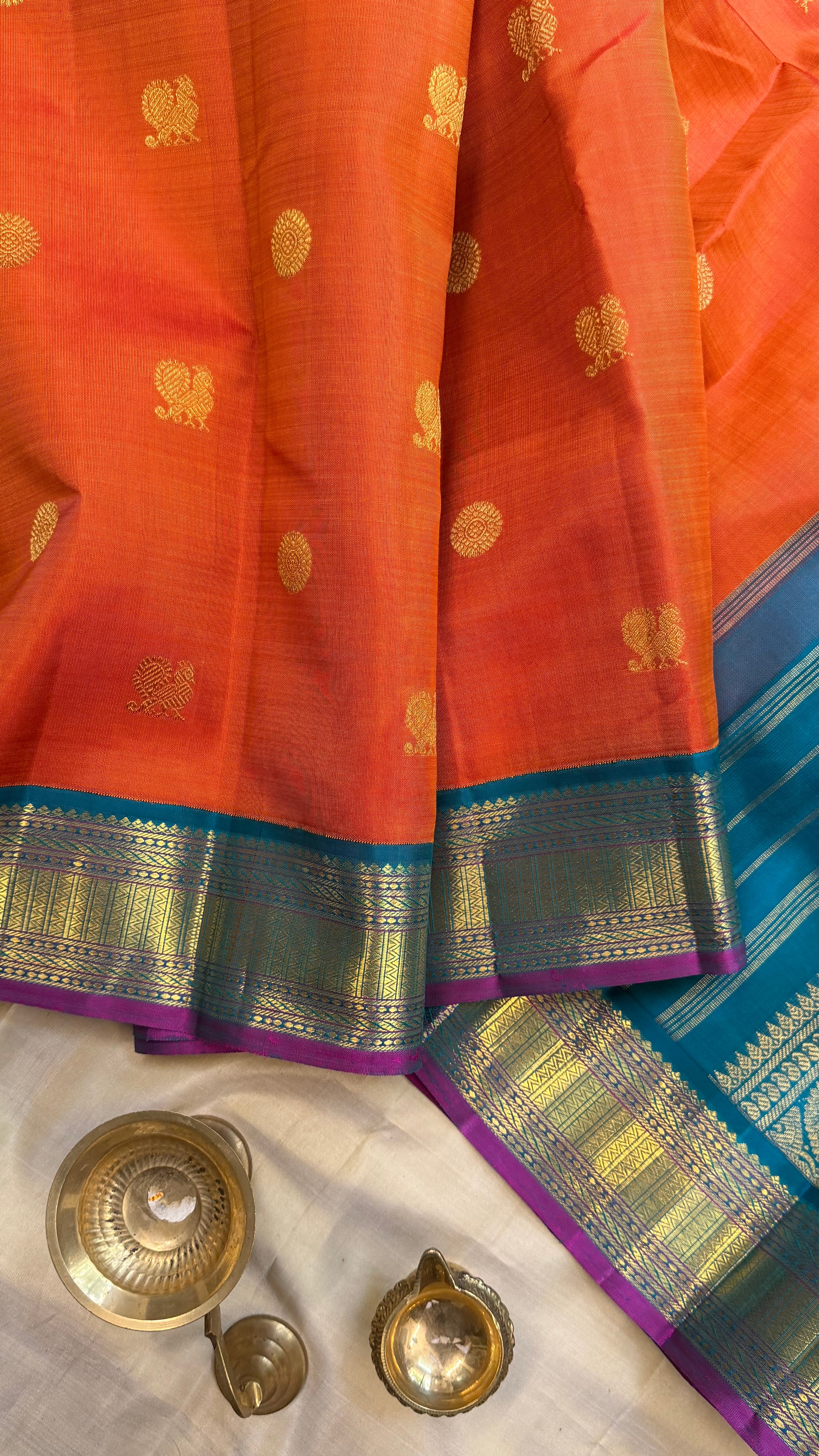 Rustic orange and Rama green Kai Korvai/kanjipuram silk