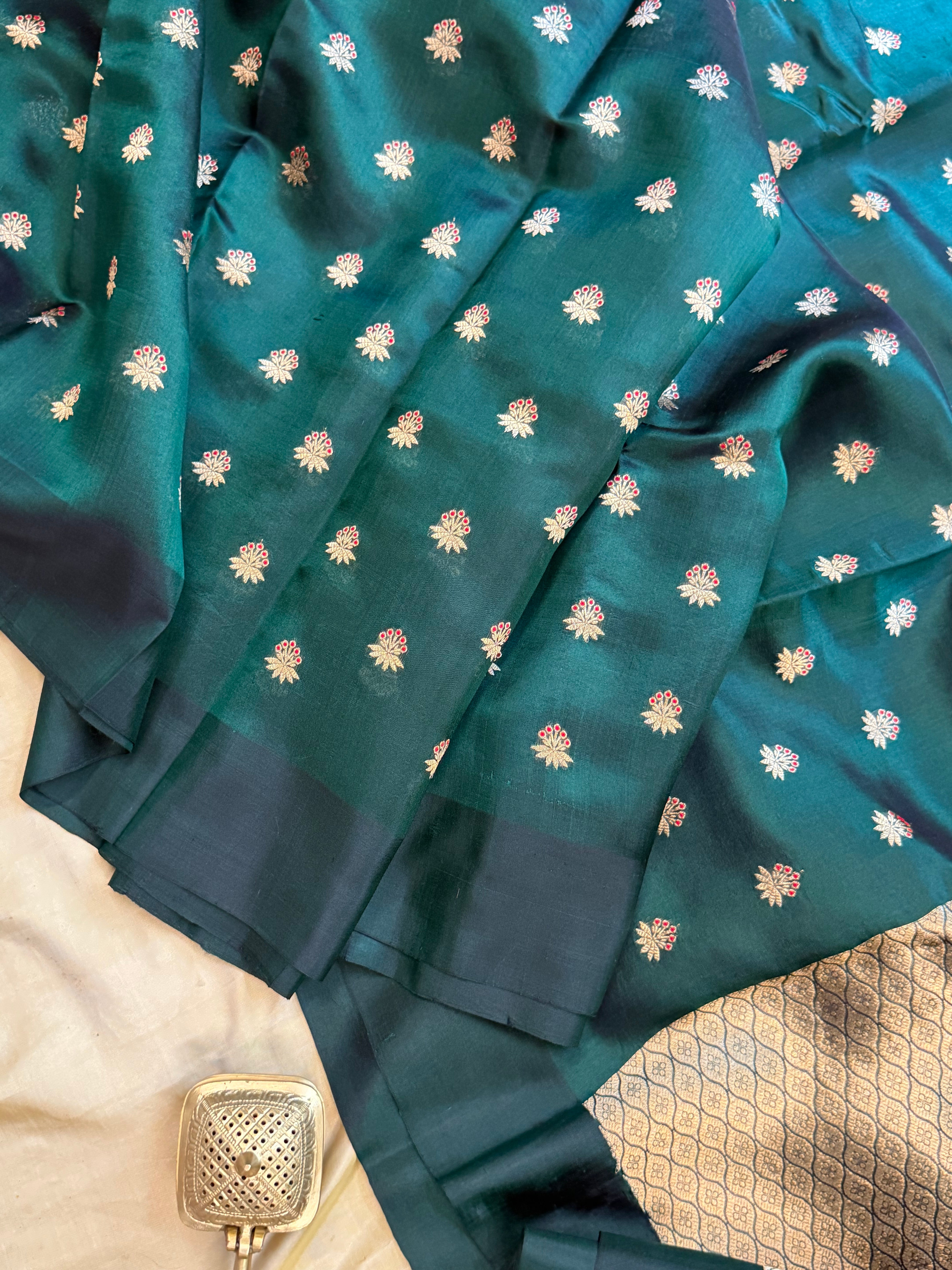Dark bottle green meenakari hazar / revival Chanderi silk