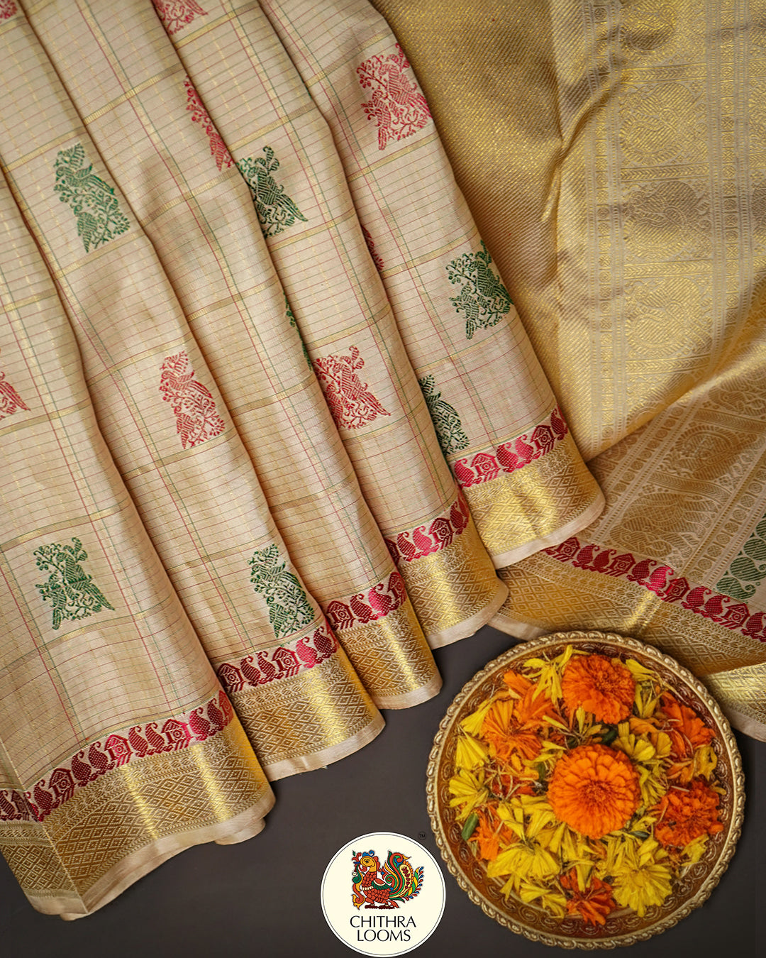 Alankar / vintage recreated golden off white Kattam Butta saree kanjipuram silk