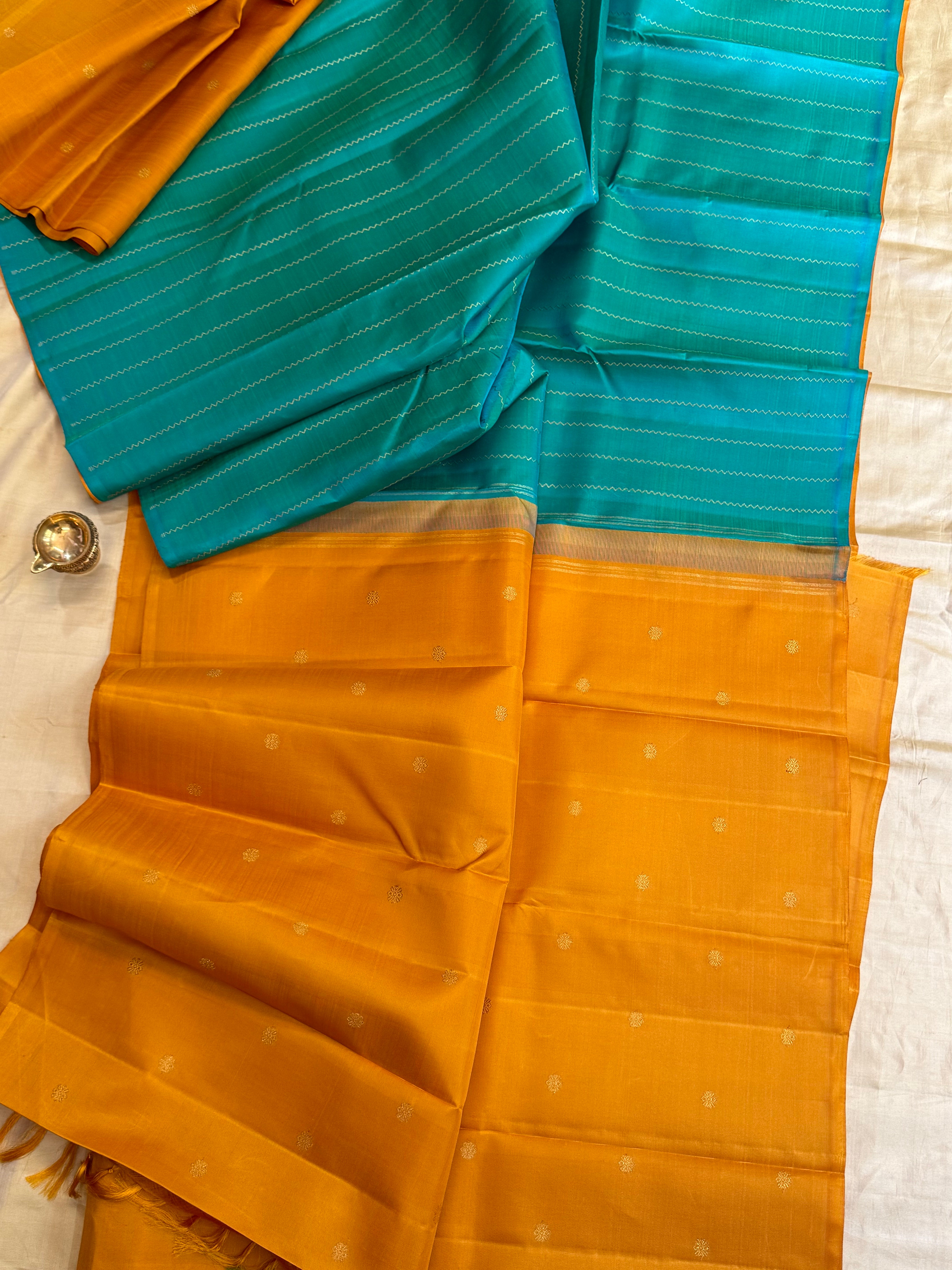 Partly pallu yellow and turquoise blue/ kanjipuram silk