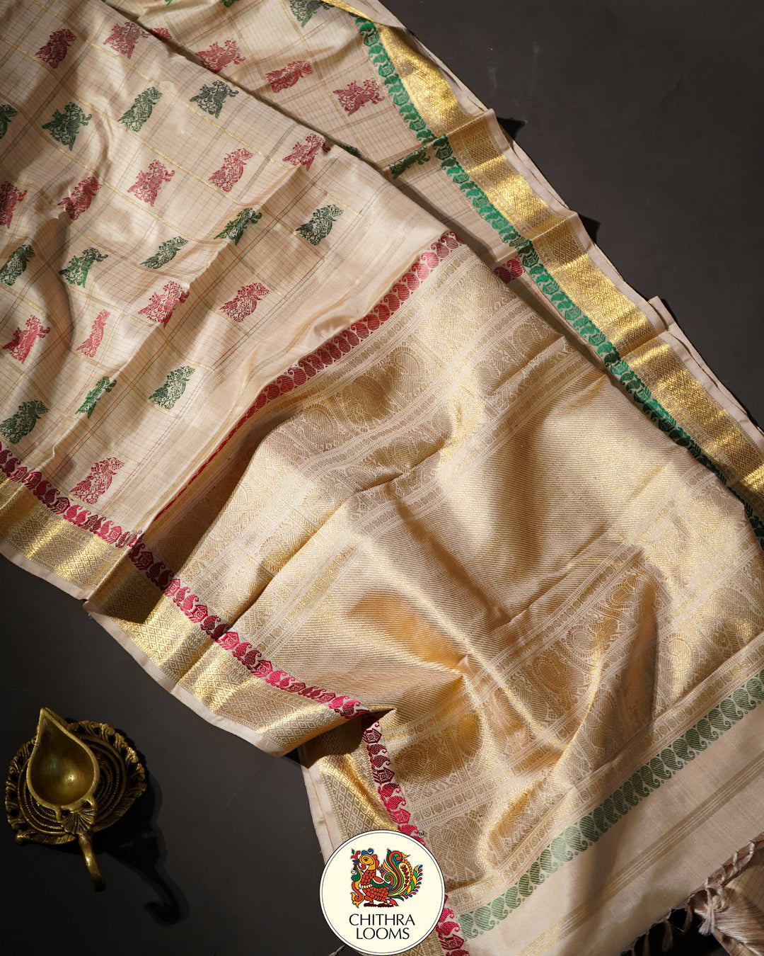 Alankar / vintage recreated golden off white Kattam Butta saree kanjipuram silk