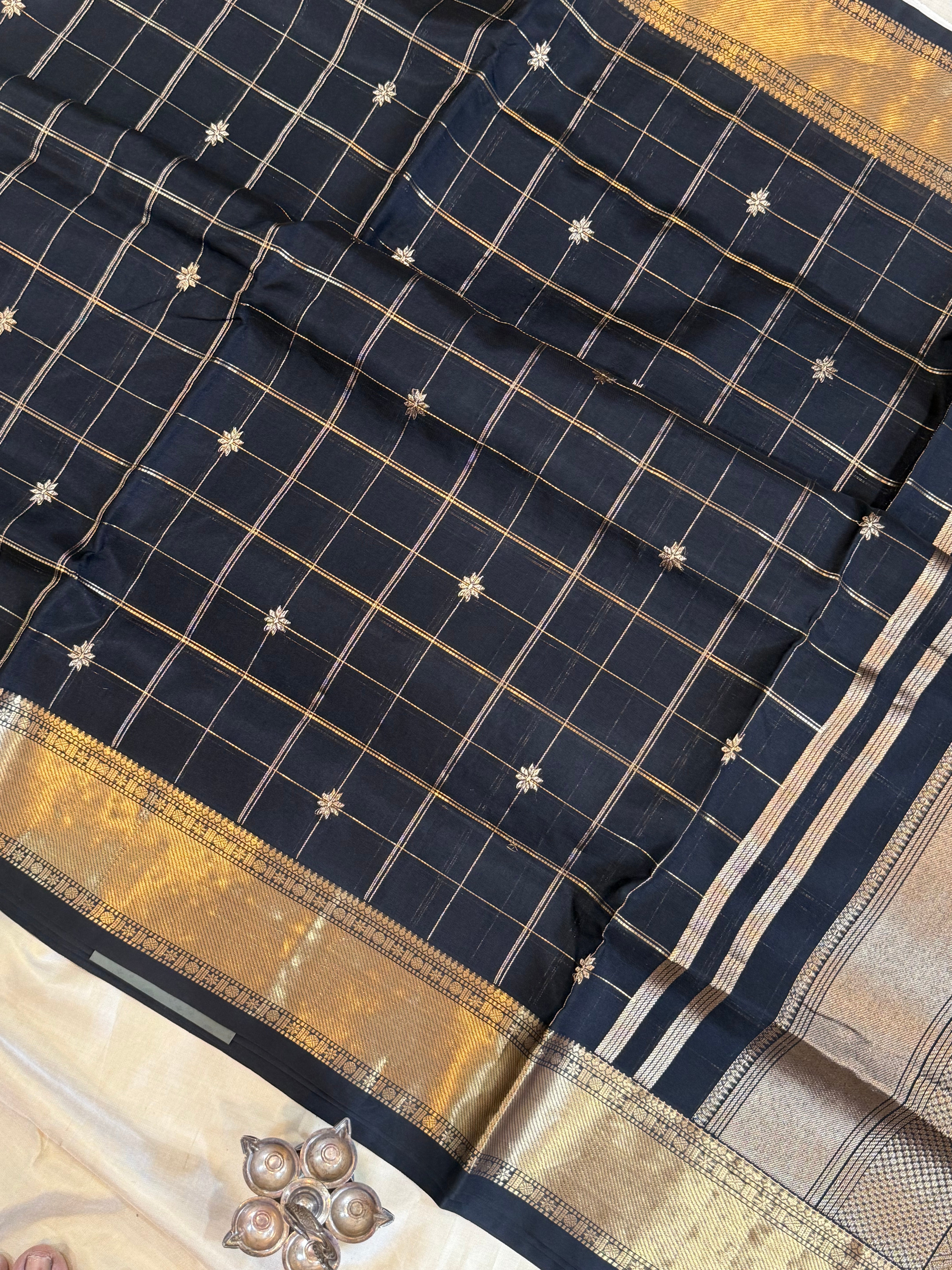 Black Zari Kattam mercidised premium silk cotton