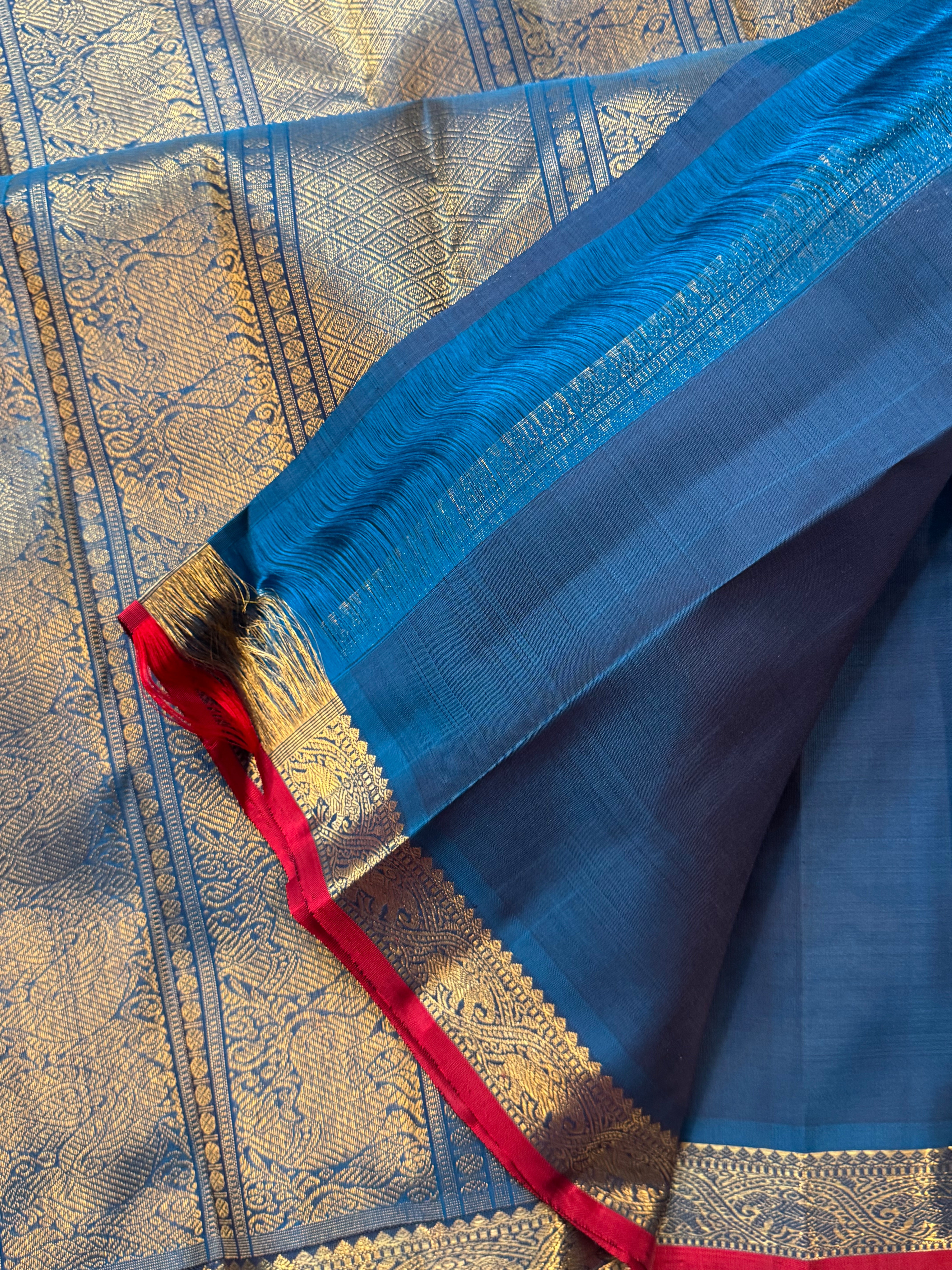 Teal blue small border classic kanjipuram silk