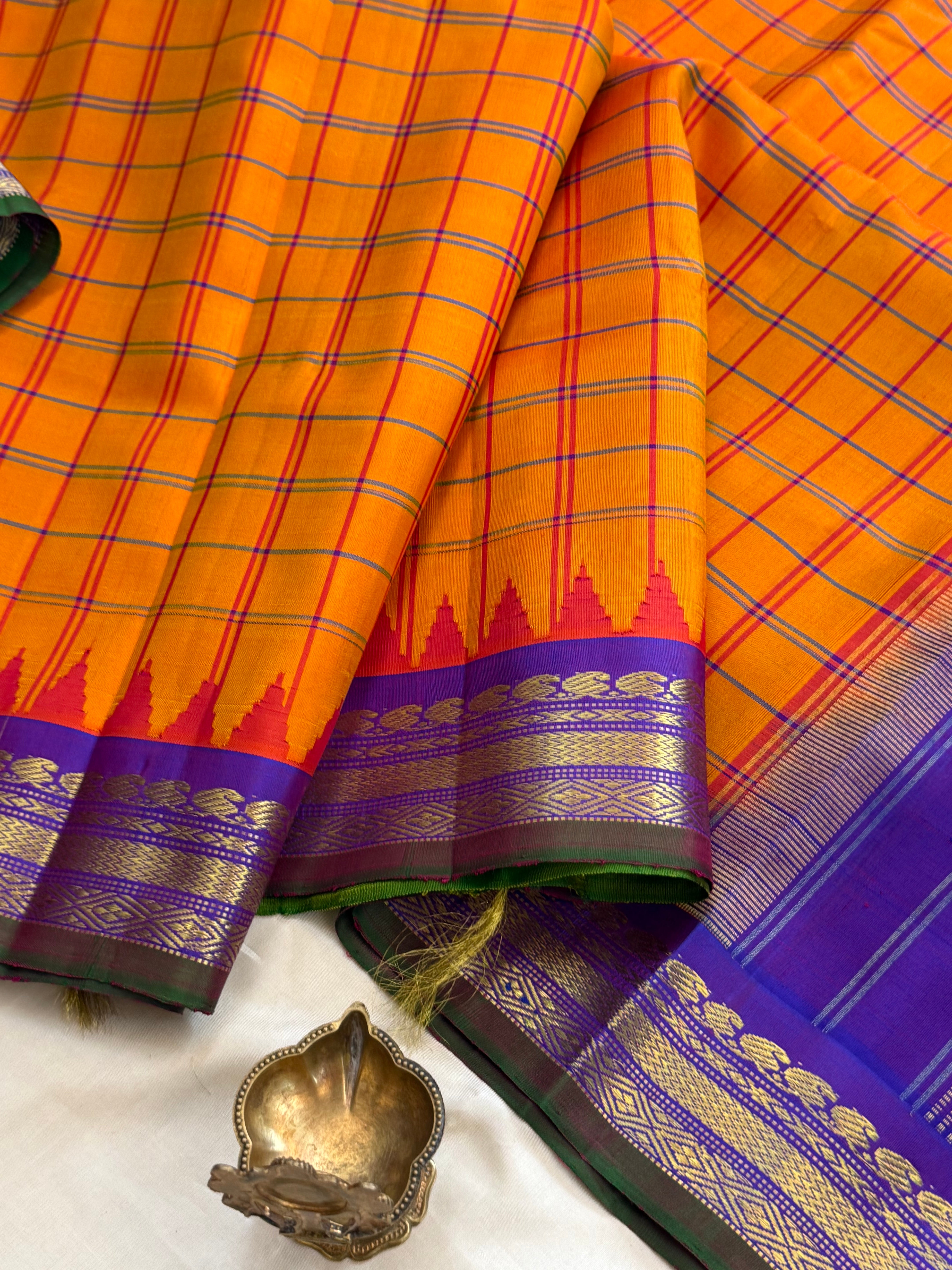 Mango yellow body checks with purple border/ Gadwal silk CLSA11287