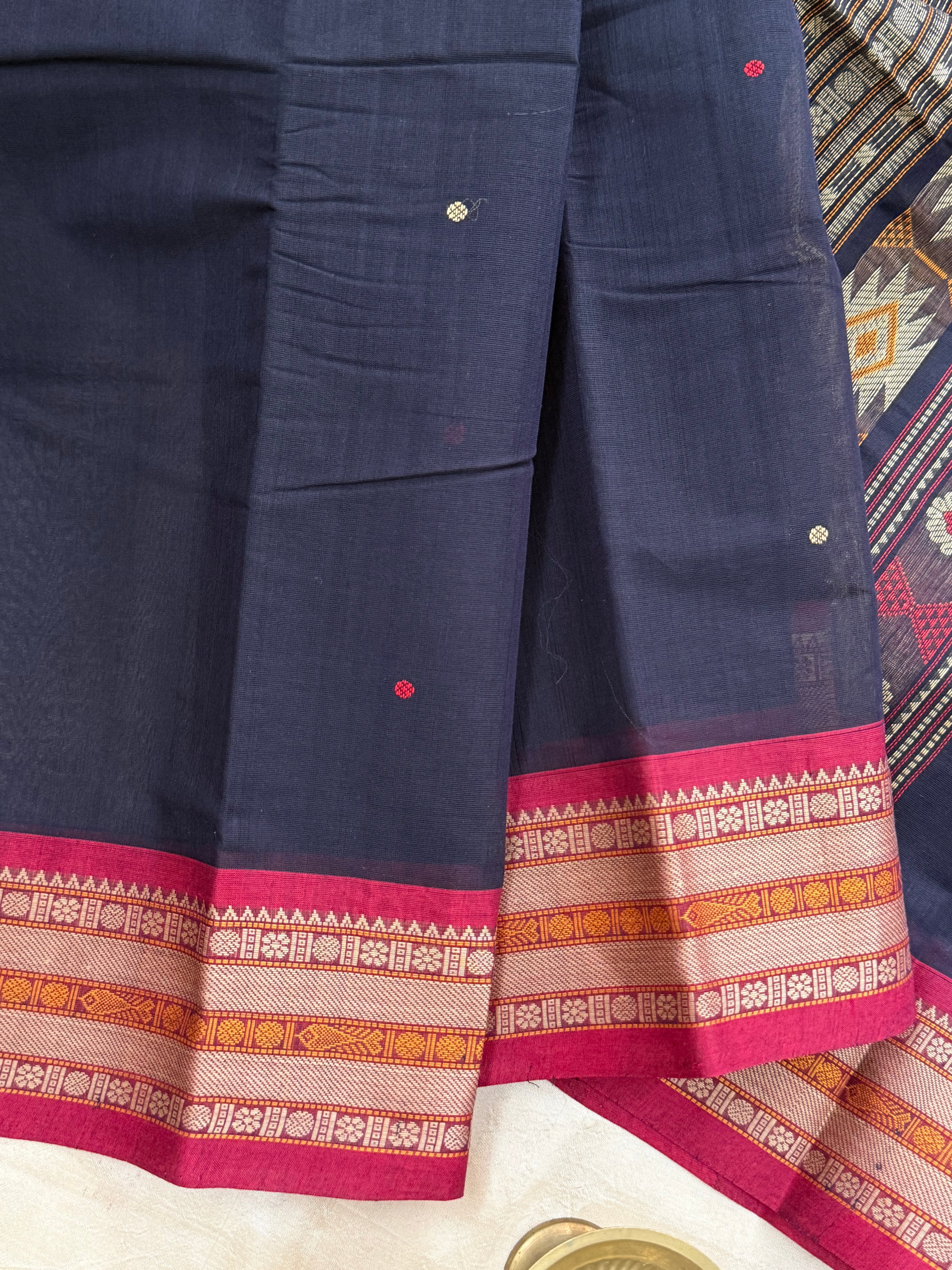 Deep blue and red unique pallu/ Kanchi Cotton