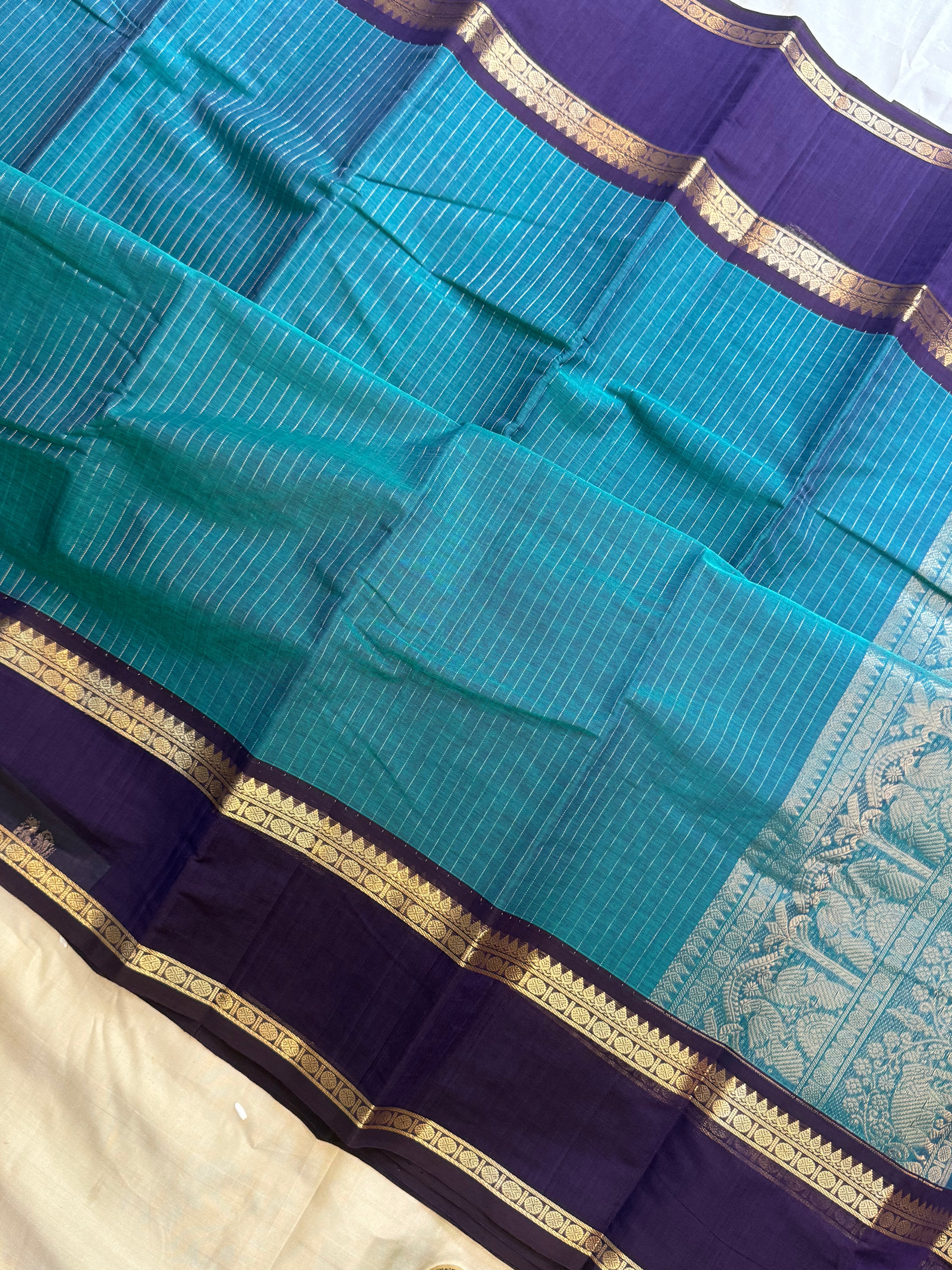 Rama green and dark purple rettapet border/ Kanchi Cotton